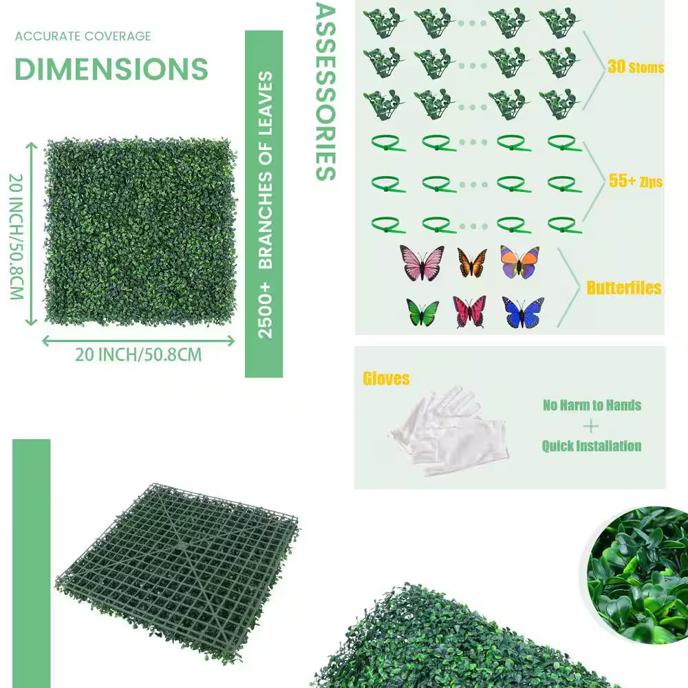 20 In. H X 20 In. W Artificial Boxwood Hedge Uv-Proof Greenery Panels Grass Wall