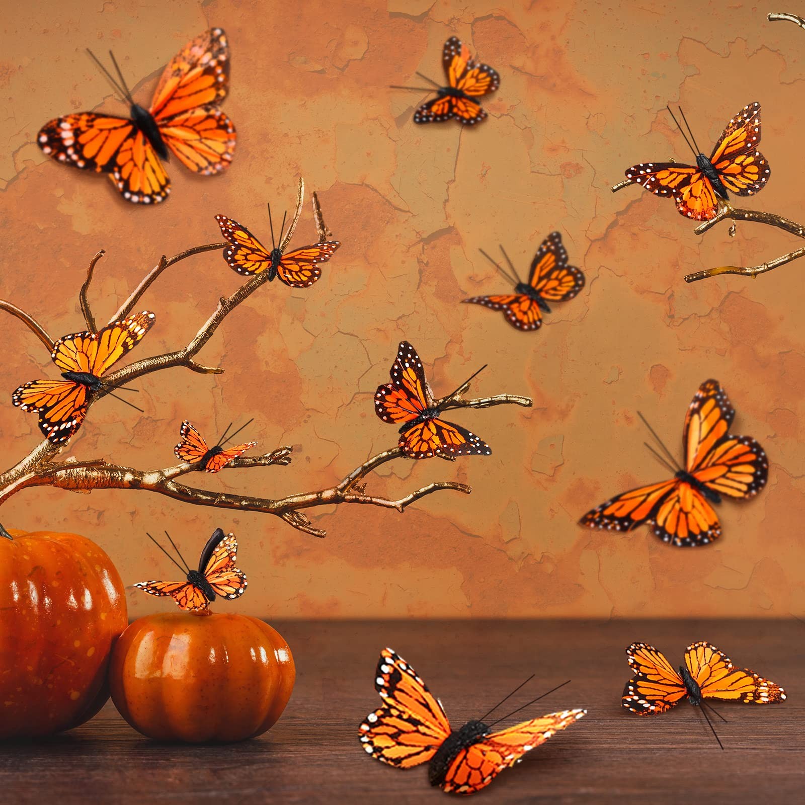 24 Pcs Monarch Butterfly Decorations 4 Size Artificial Monarch Feather Fake B…