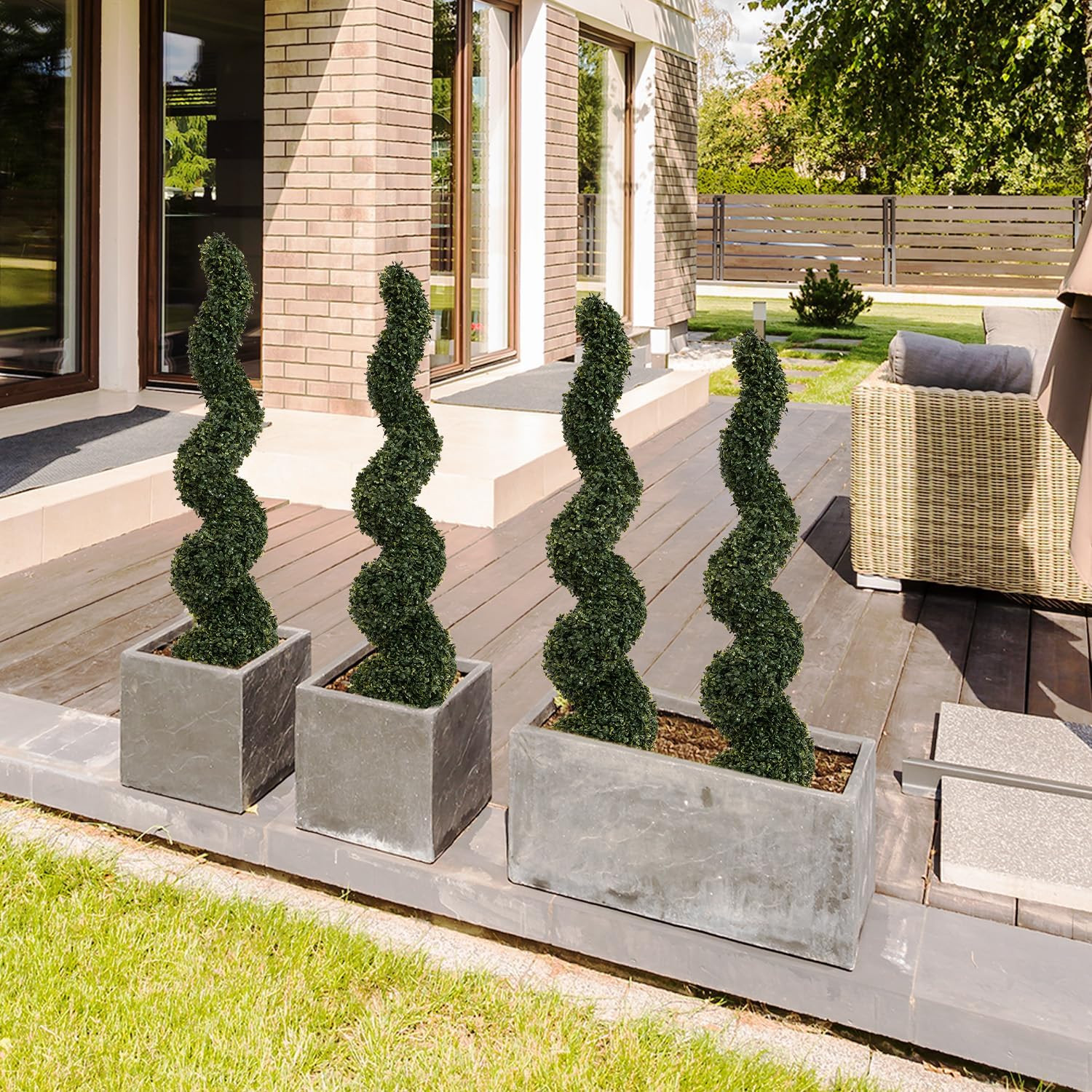 4Ft UV Resistant Spiral Topiary Trees – Set of 2 Faux Boxwood Plants