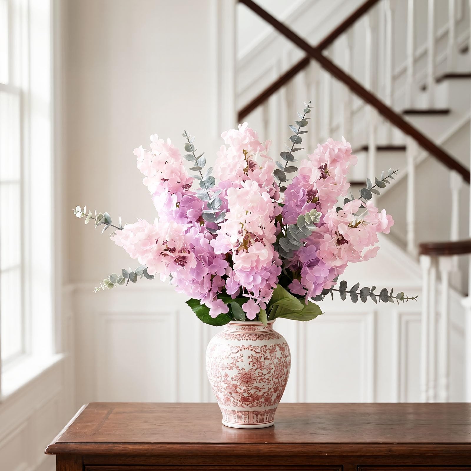 Artificial Hydrangea Flowers 6PCS with Eucalyptus Leaves, 27.5″ Faux Lavender…