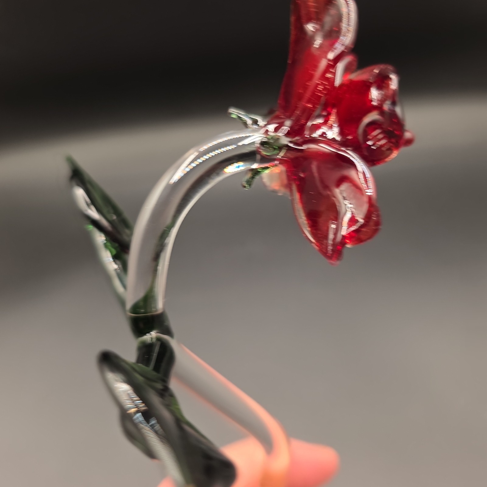 Glass Long Stem Red Rose with Green Leaves 10″ Applied Blown
