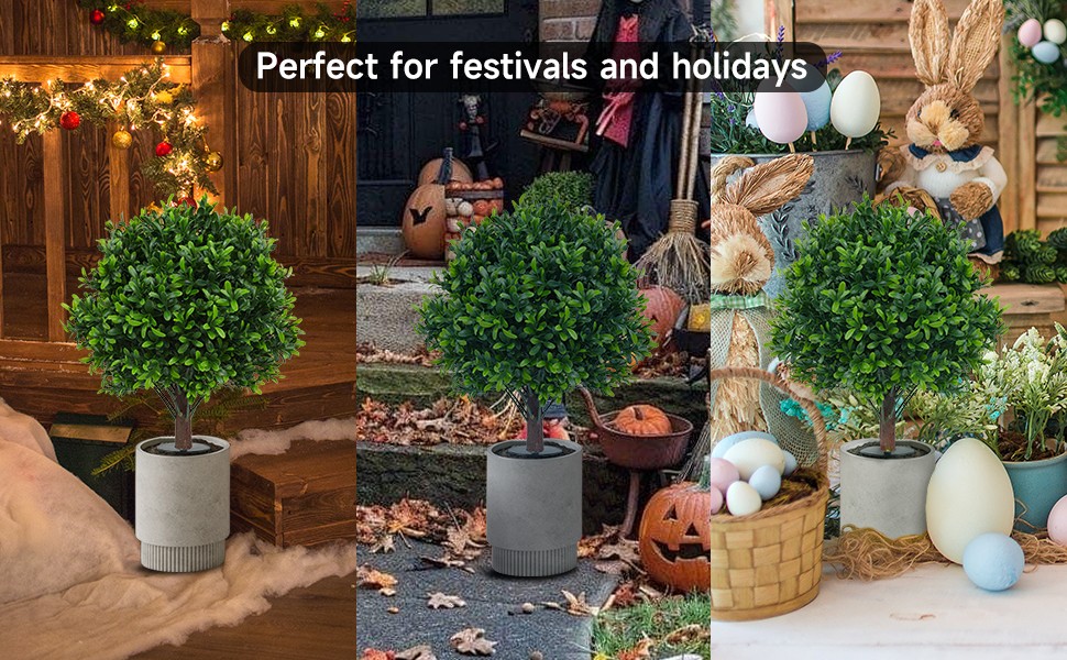 Set of 2 Artificial Boxwood Topiary Ball Trees with Ground Spike, 26 Inches UV