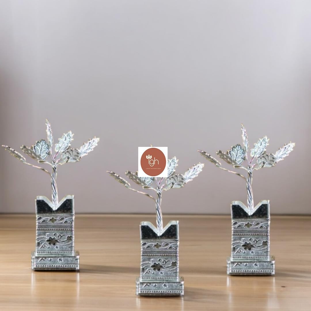 Pack of 5 Decorative Silver Plated Tulsi Plant 4 Inches | Silver Plated Brind…