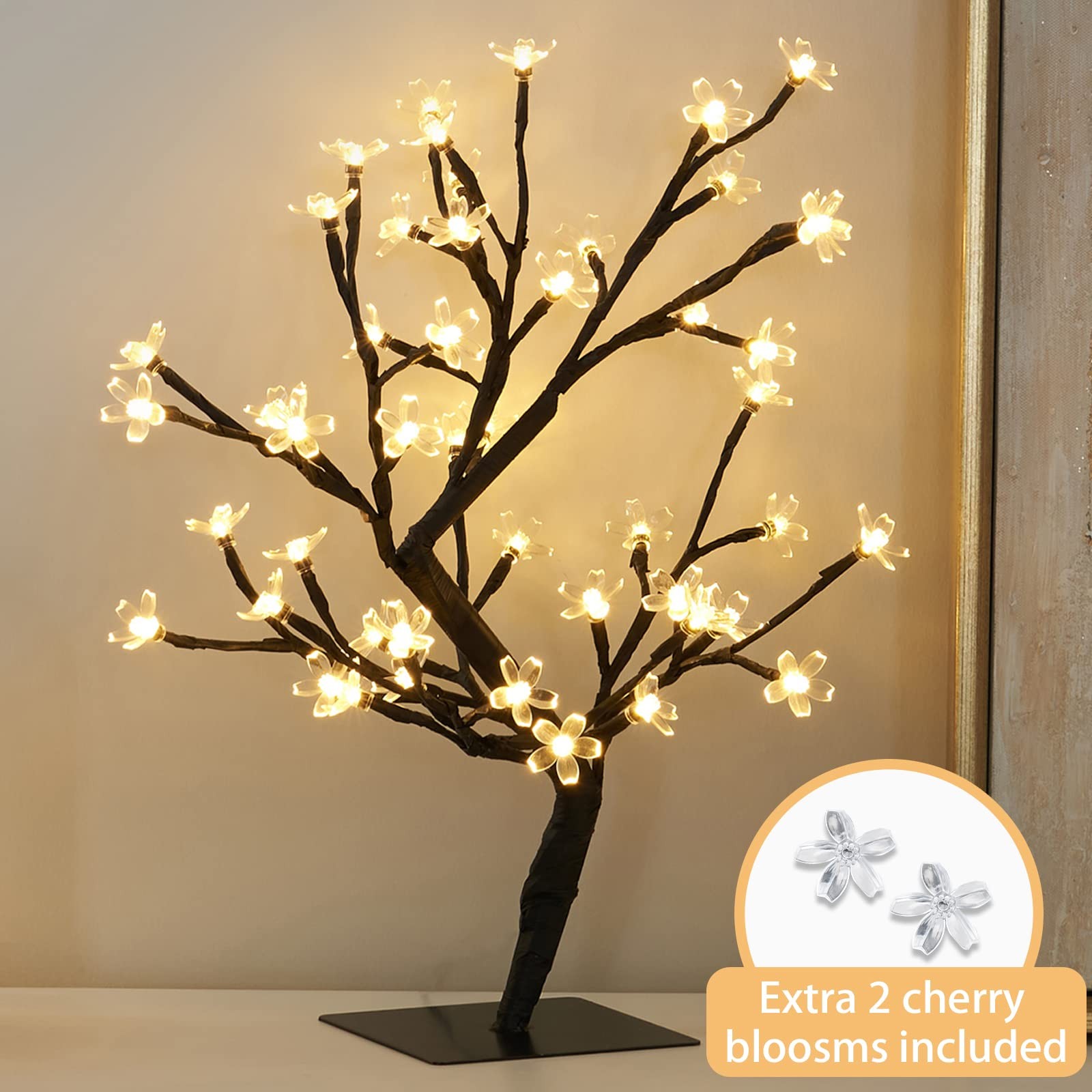 17.5 Inch Lighted Cherry Blossom Tree 48 Warm White Lights Plug Bonsai Decor