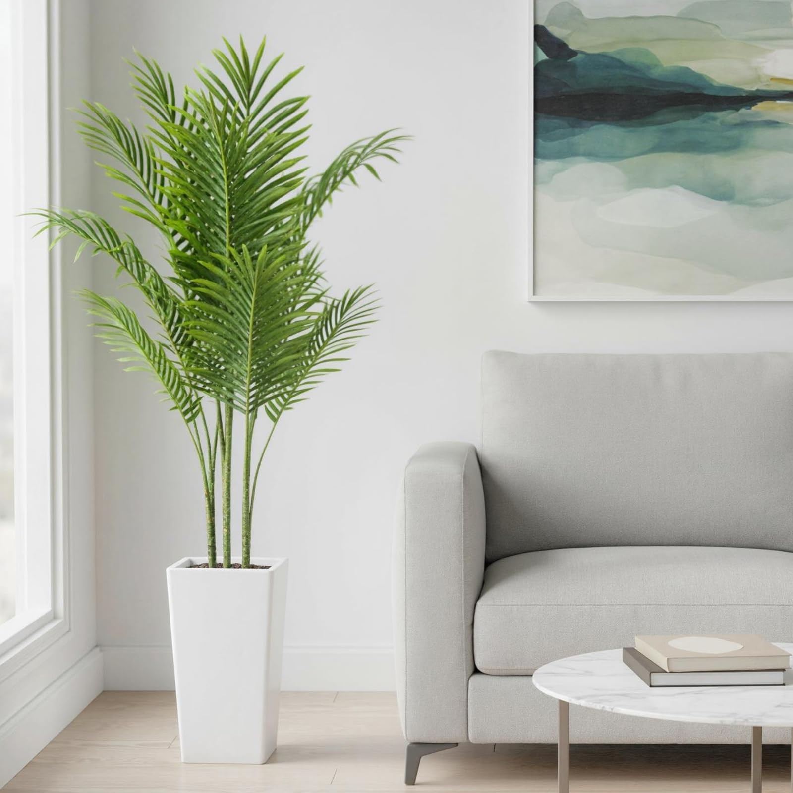 4.8FT Artificial Palm Tree in White Tall Planter, Realistic Indoor Faux Plant
