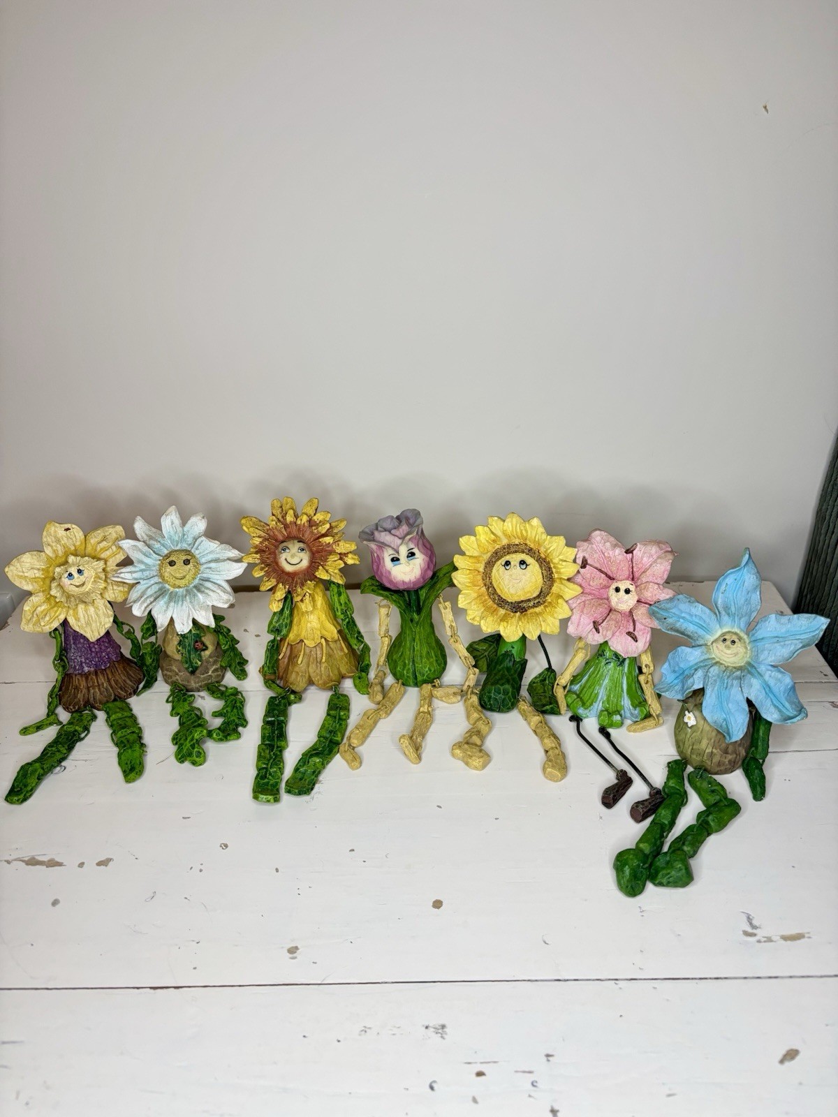 80’s Set of 7 Resin Multicolor Vintage Anthropomorphic Flower Shelf Sitters