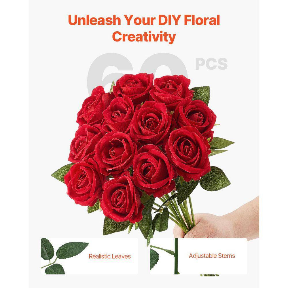 20 In. Faux Red Bridal Shower with Stems for DIY, Artificial Flowers, 60-Pieces