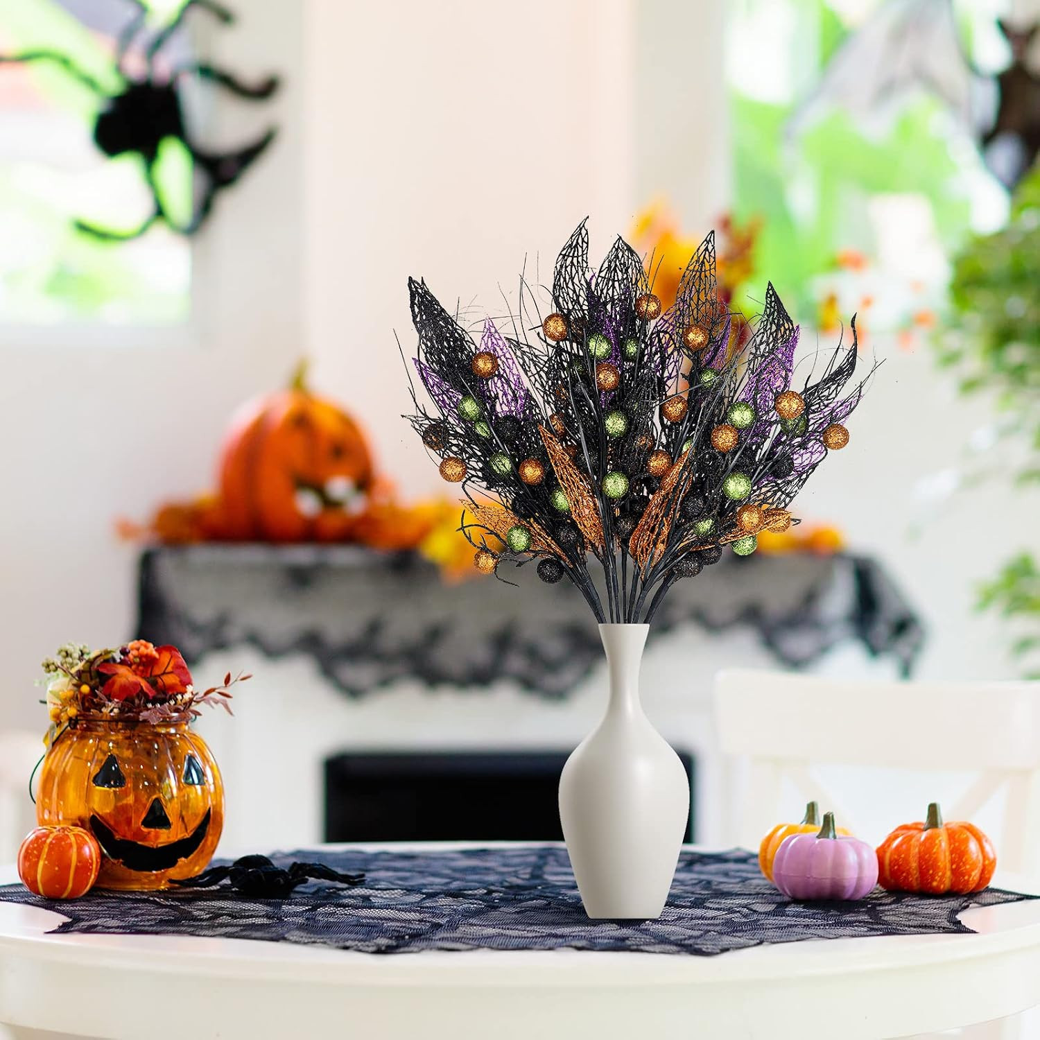 8 Pcs Halloween Branches Picks Stems Glitter Fake Twig Bush with Pumpkin Berries