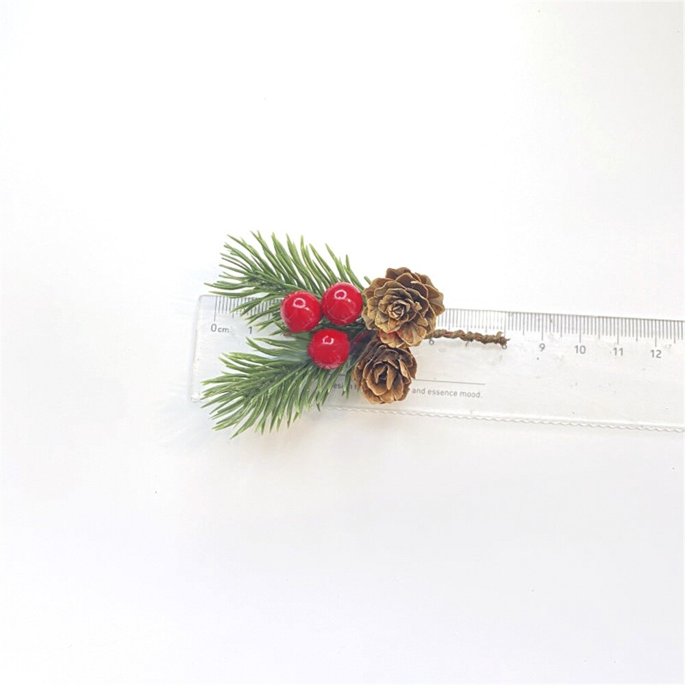 10Pcs Christmas Artificial Pine Branches with Leaves Red Holly Berries Craft DIY
