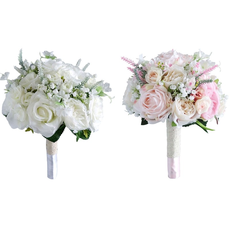 Artificial White/Pink Flower Bouquet with Green Leaves Fake Silk Floral