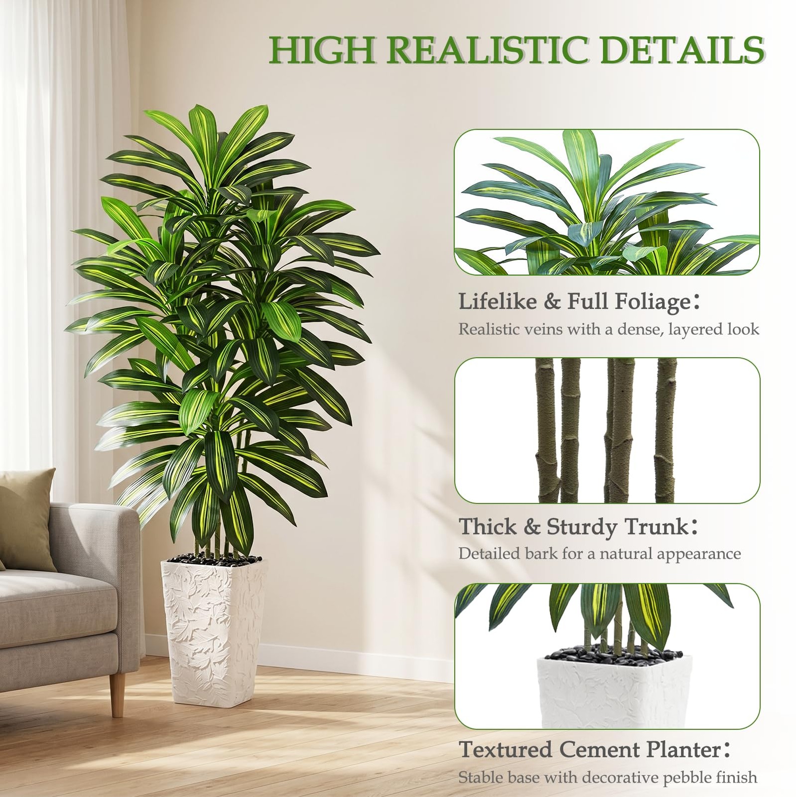 Artificial Dracaena Tree 5FT – Fake Tree with White Tall Planter – Artificial…