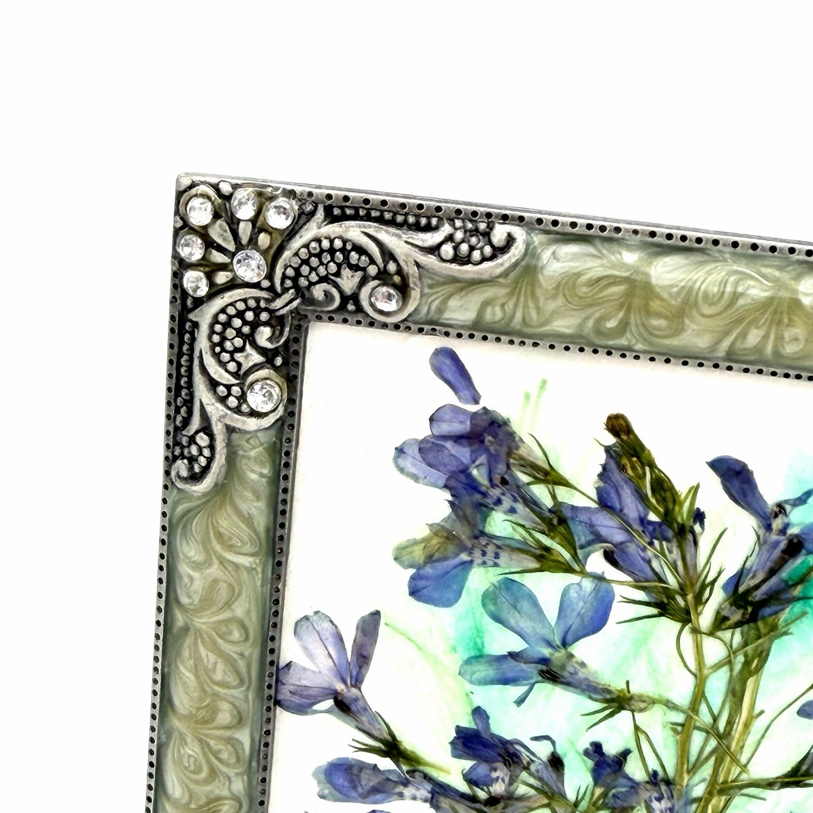 Botanical Art Pressed Blue Flowers In Ornate Metal Frame 6.75 X 4.5 Inch Signed