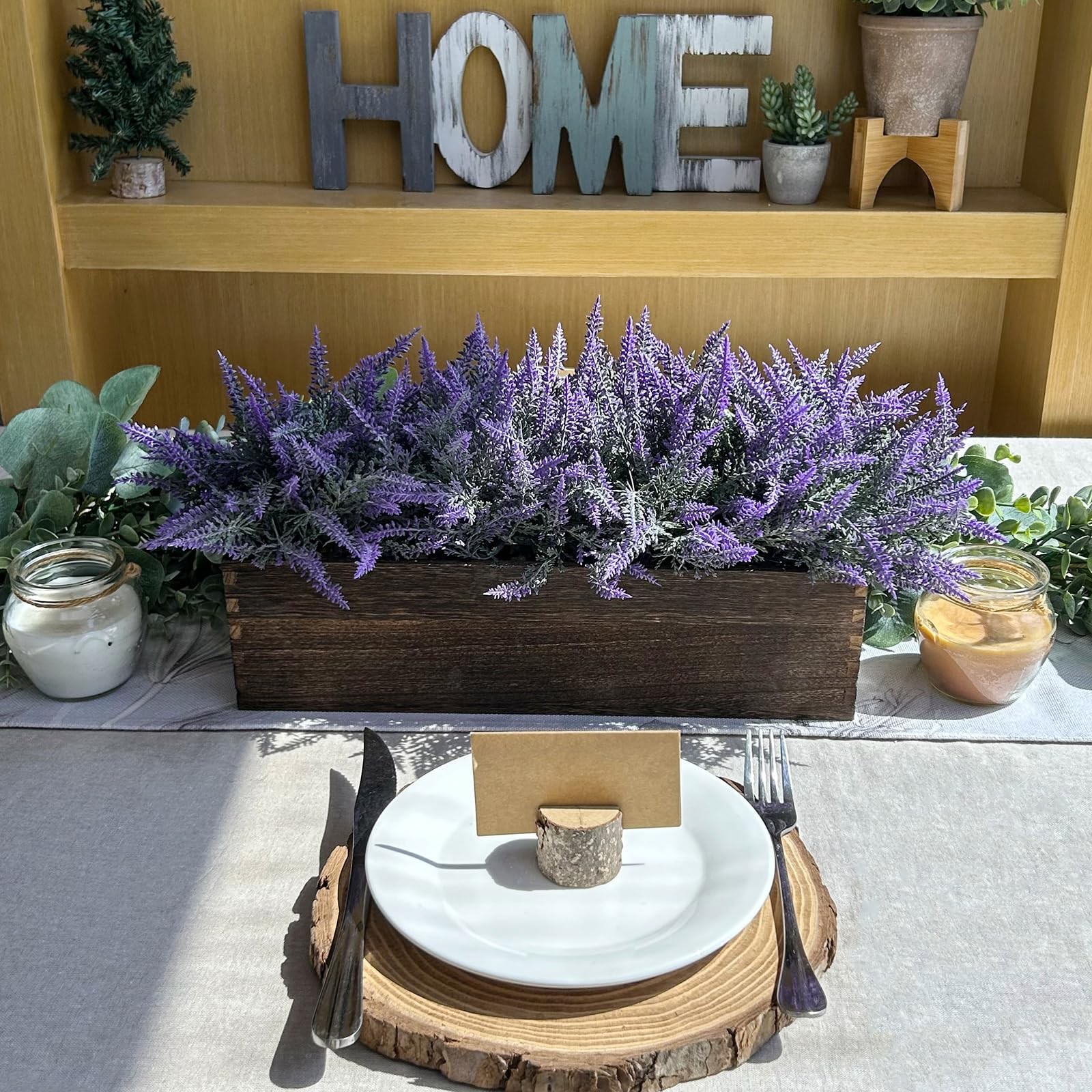 14″ Artificial Lavender Flowers Plants in Rectangular Wooden Planter Box Faux…