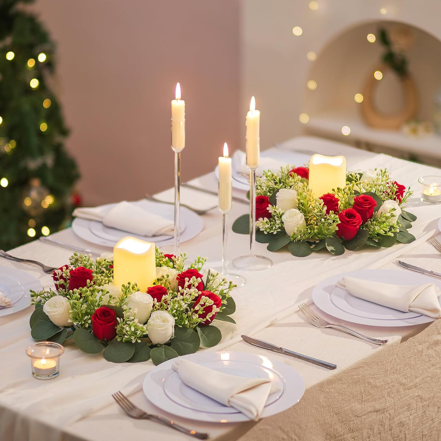 Crimson & White Artificial Rose Centerpiece – 10 Pcs Candle Ring Wreaths