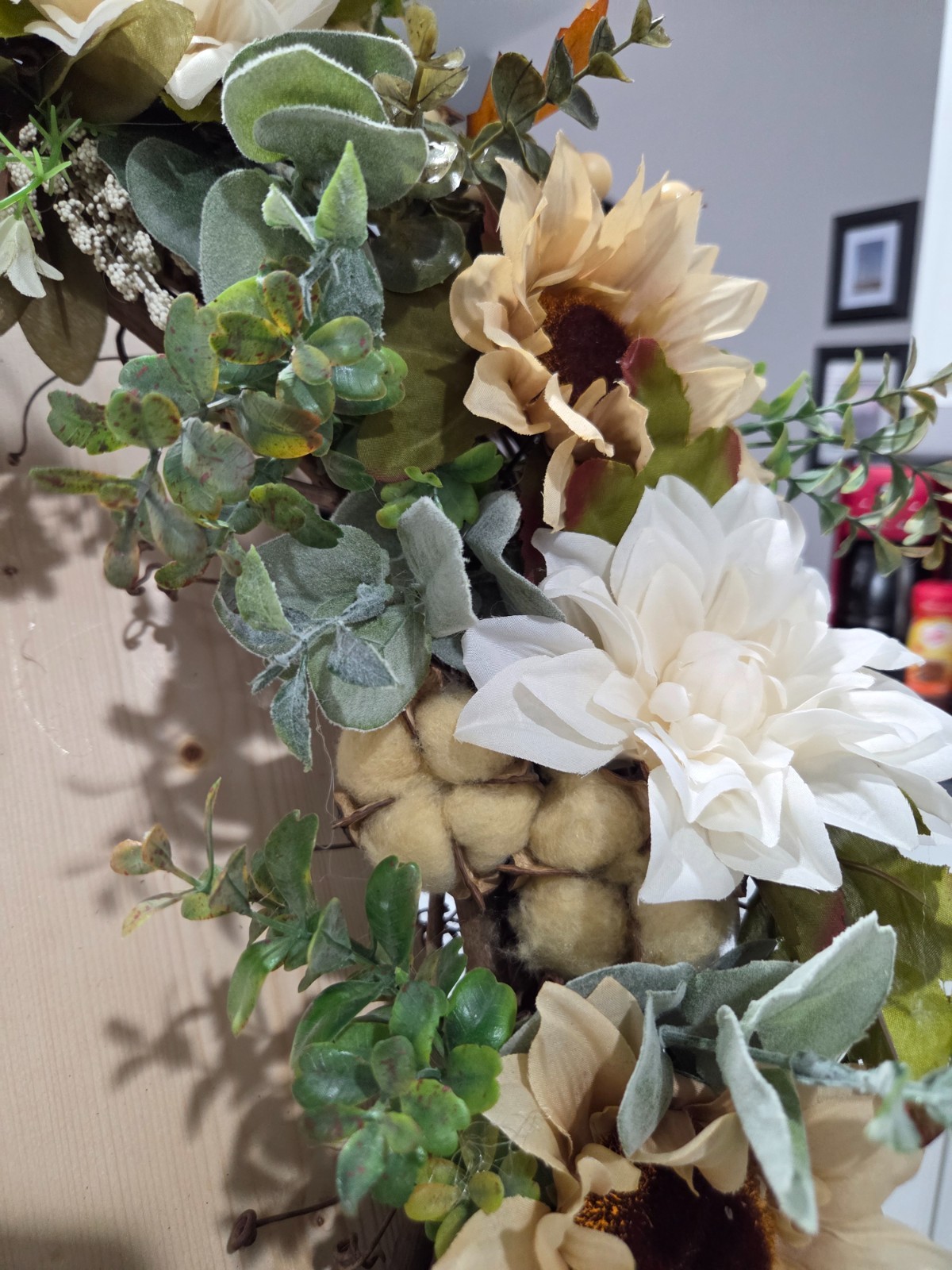 Organic Mixed Silk Flowers Wreath with Tea-Stained Cotton Bolls
