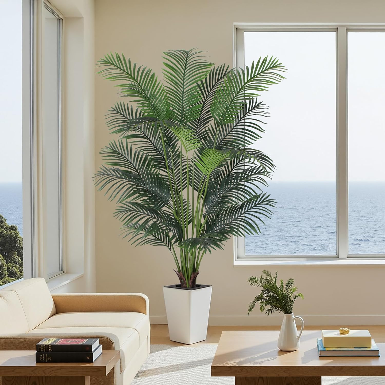 Artificial Palm Tree with White Tall Planter, 7Ft Tall Potted Artificial Silk Pa