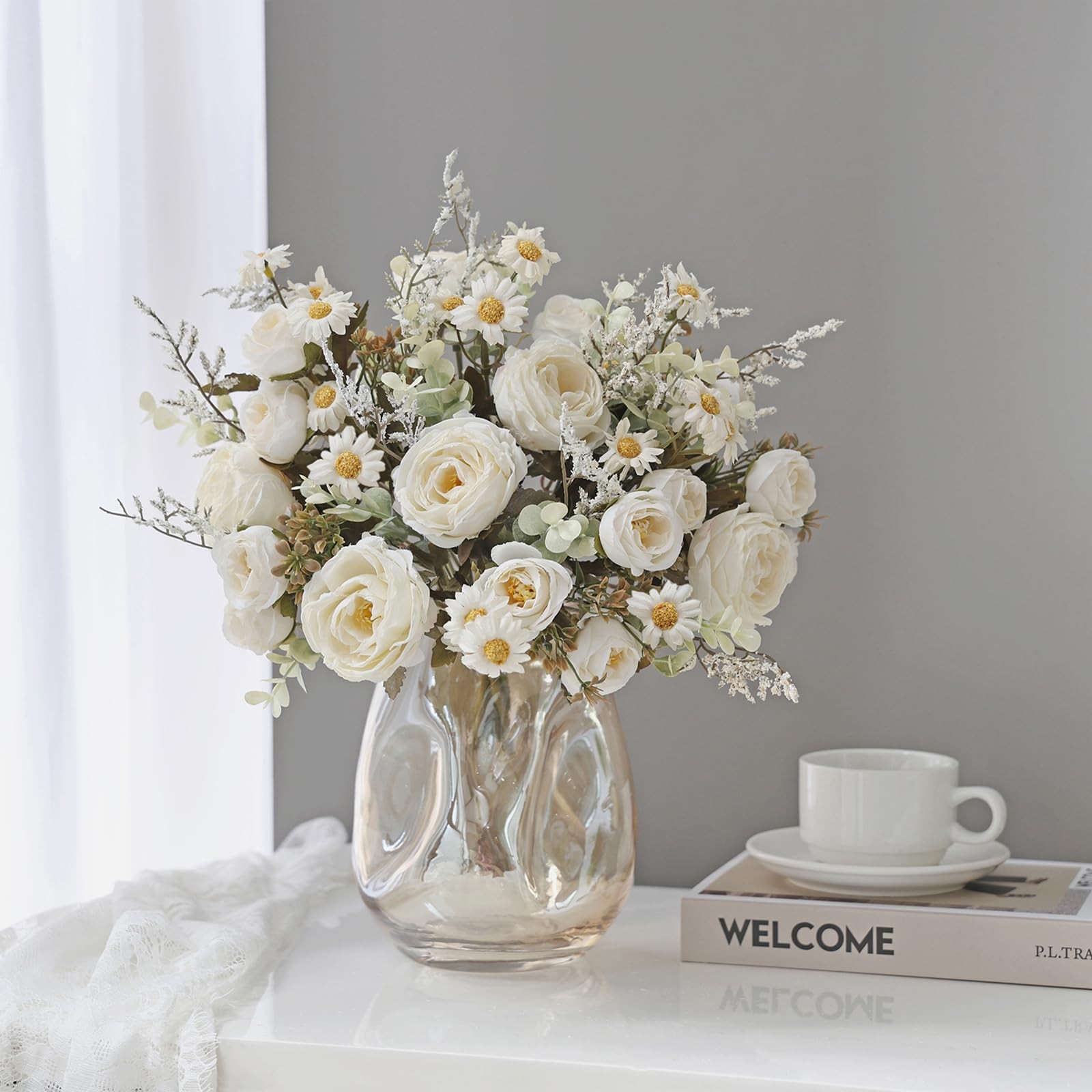 Fake Roses Artificial Flowers 6 Pack White Roses Artificial Flowers for Decor…