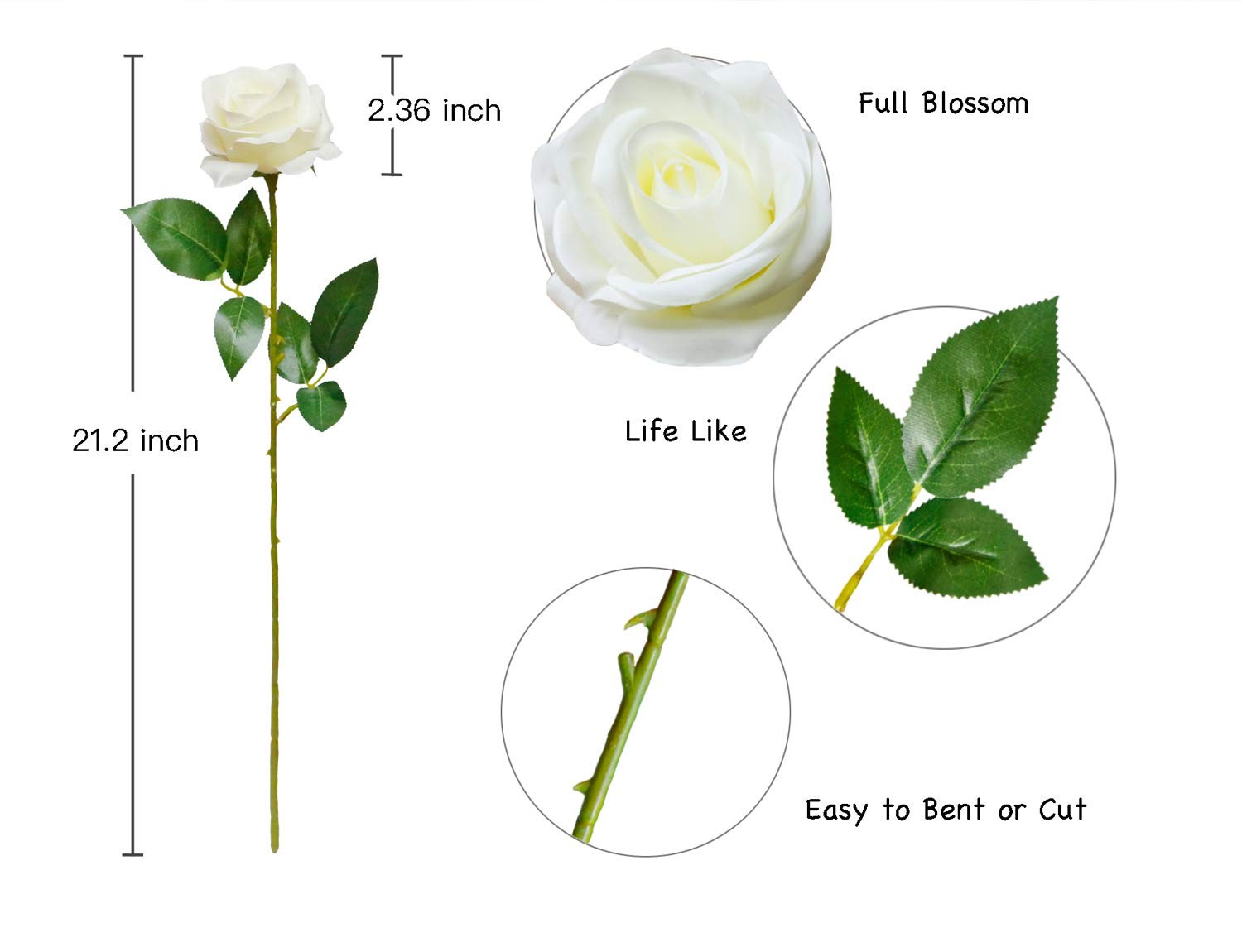 10pcs Fake Roses Artificial Silk Flowers Faux Rose(Ivory White)