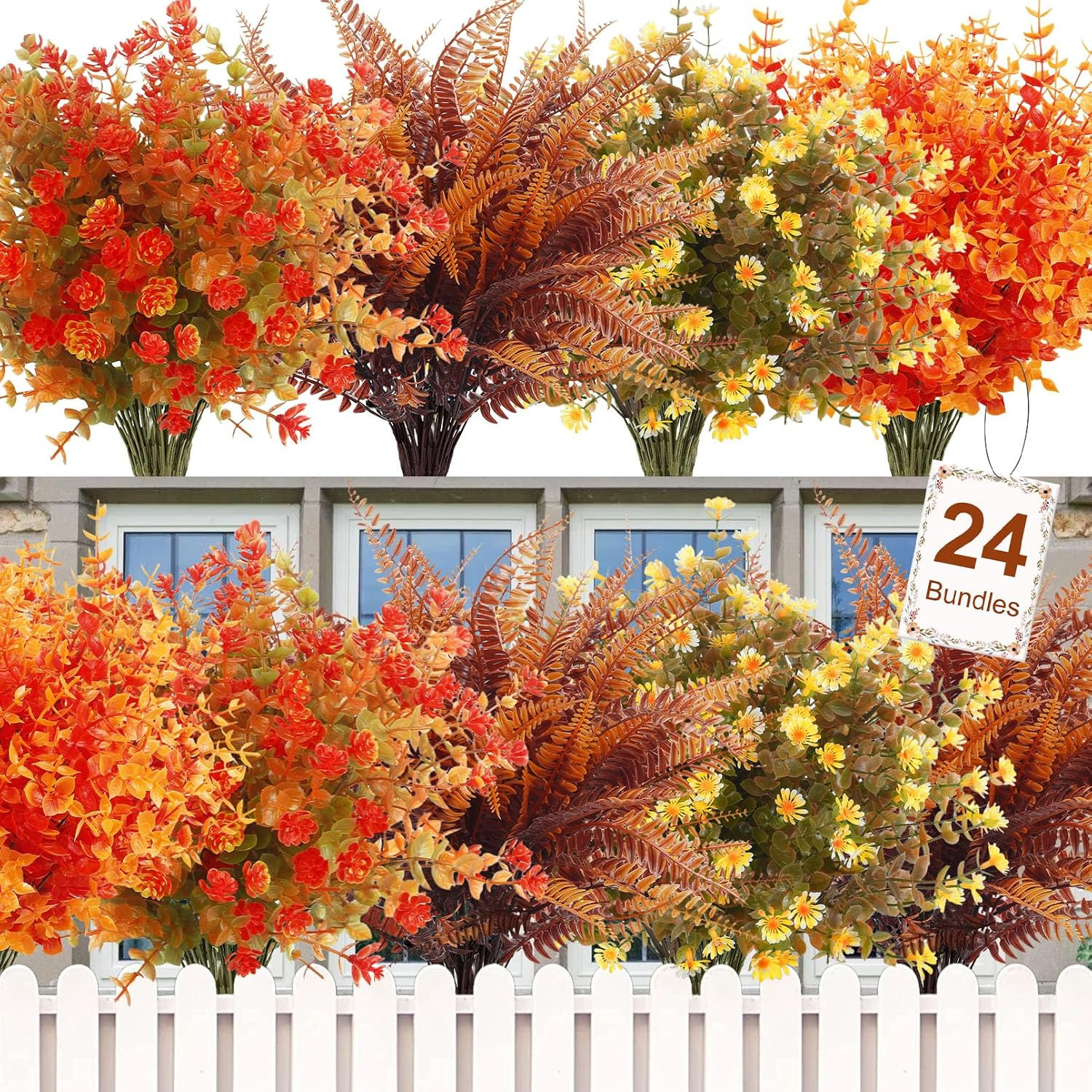 24 Bundles Artificial Fall Flowers for Outdoor Decoration UV Resistant Fake Mums