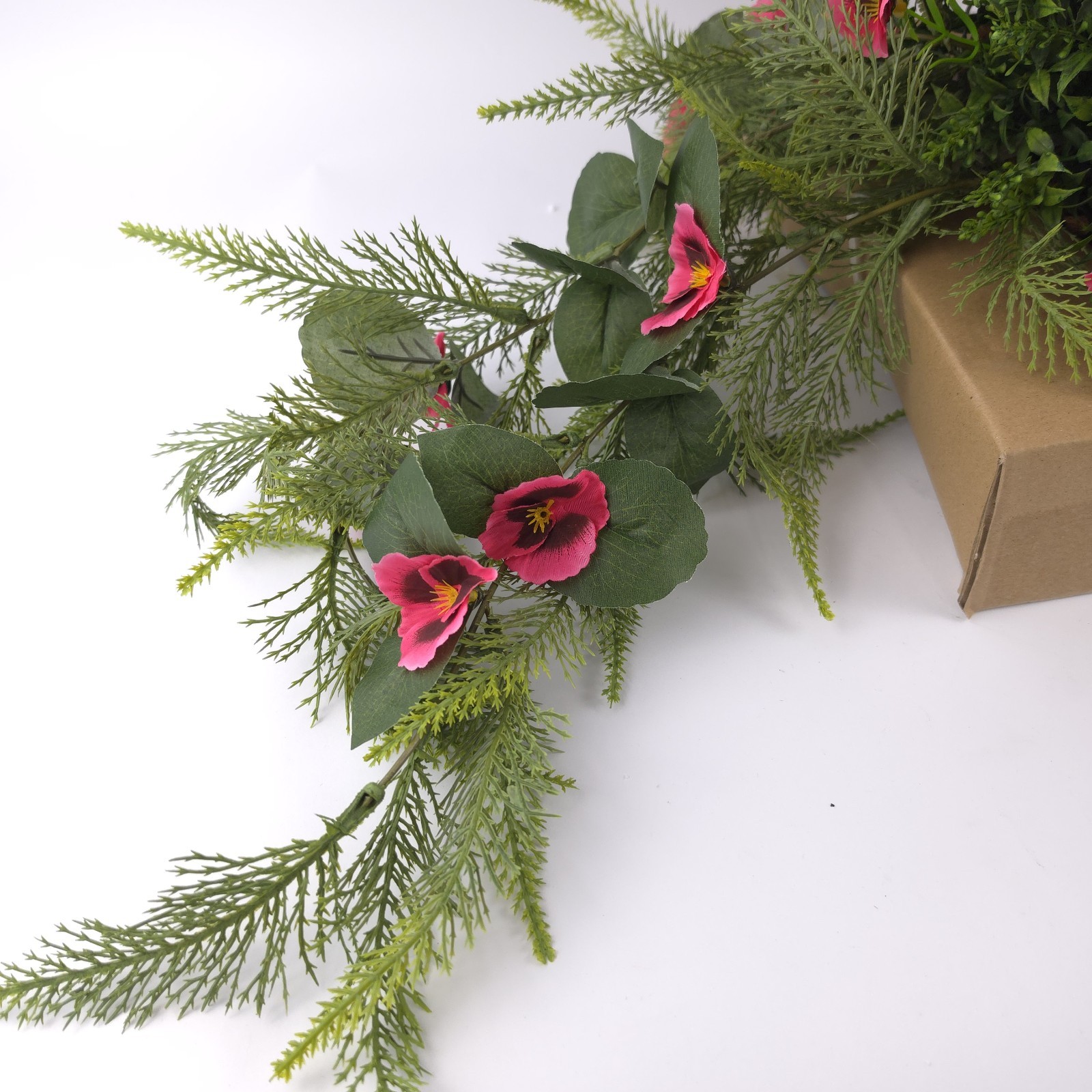 Garden Reflections Cascading Faux Pansy & Fern Hanging Basket Red
