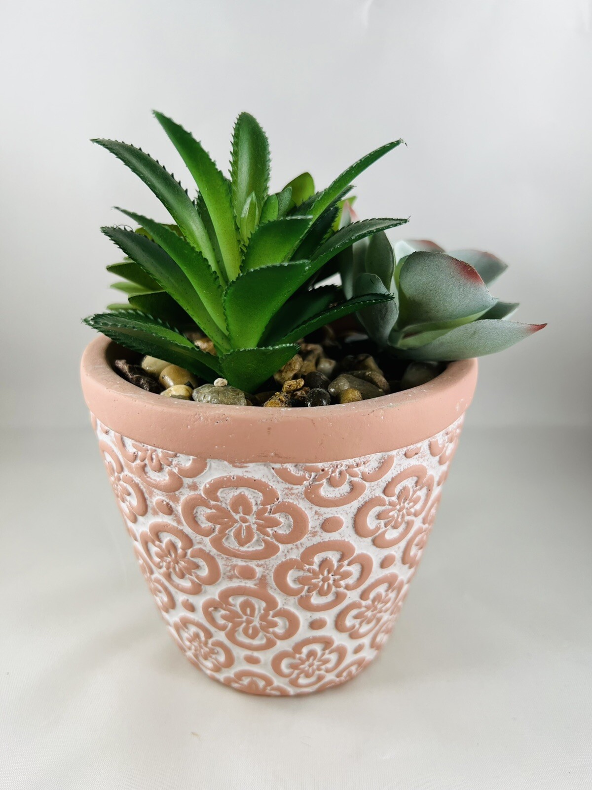 Artificial Succulents in Clay Embossed Pot, 6.5″ tall