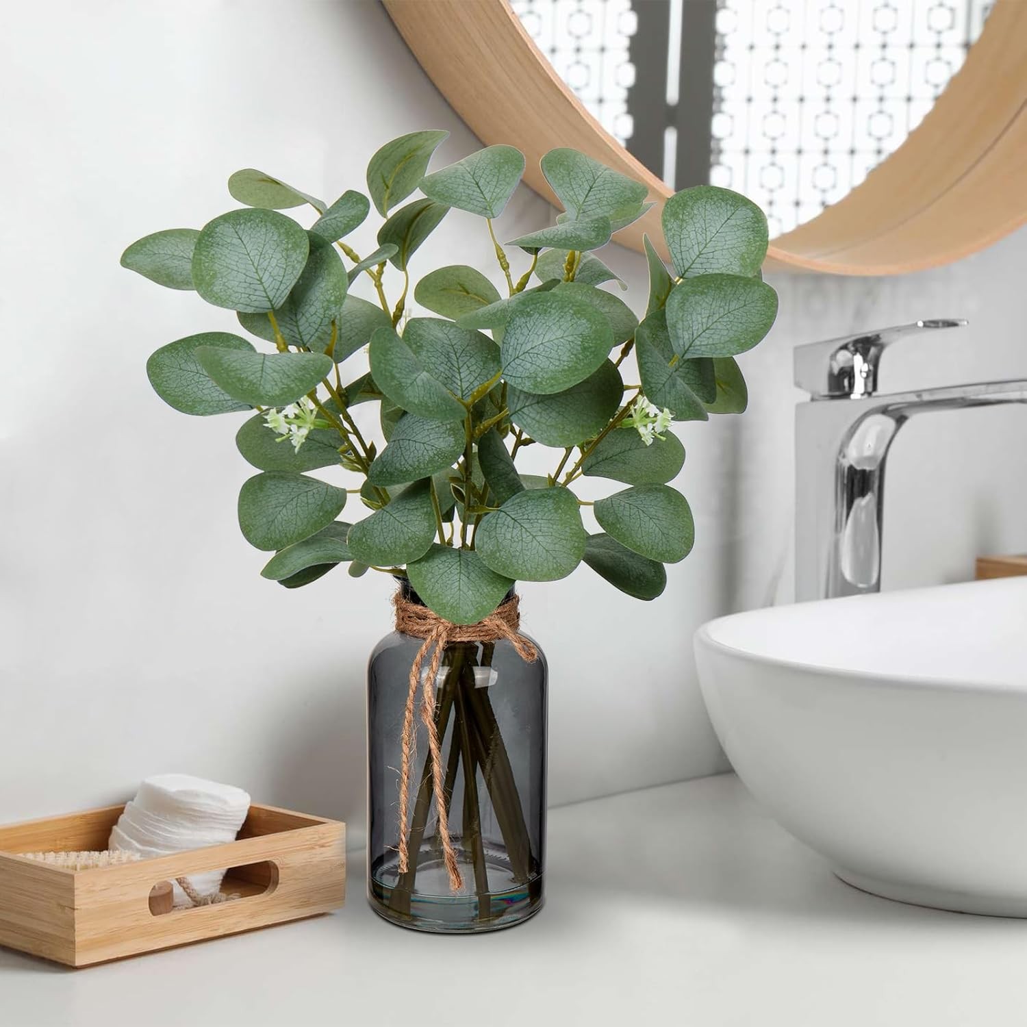 Artificial Eucalyptus Stems in Black Glass Vase with Faux Water