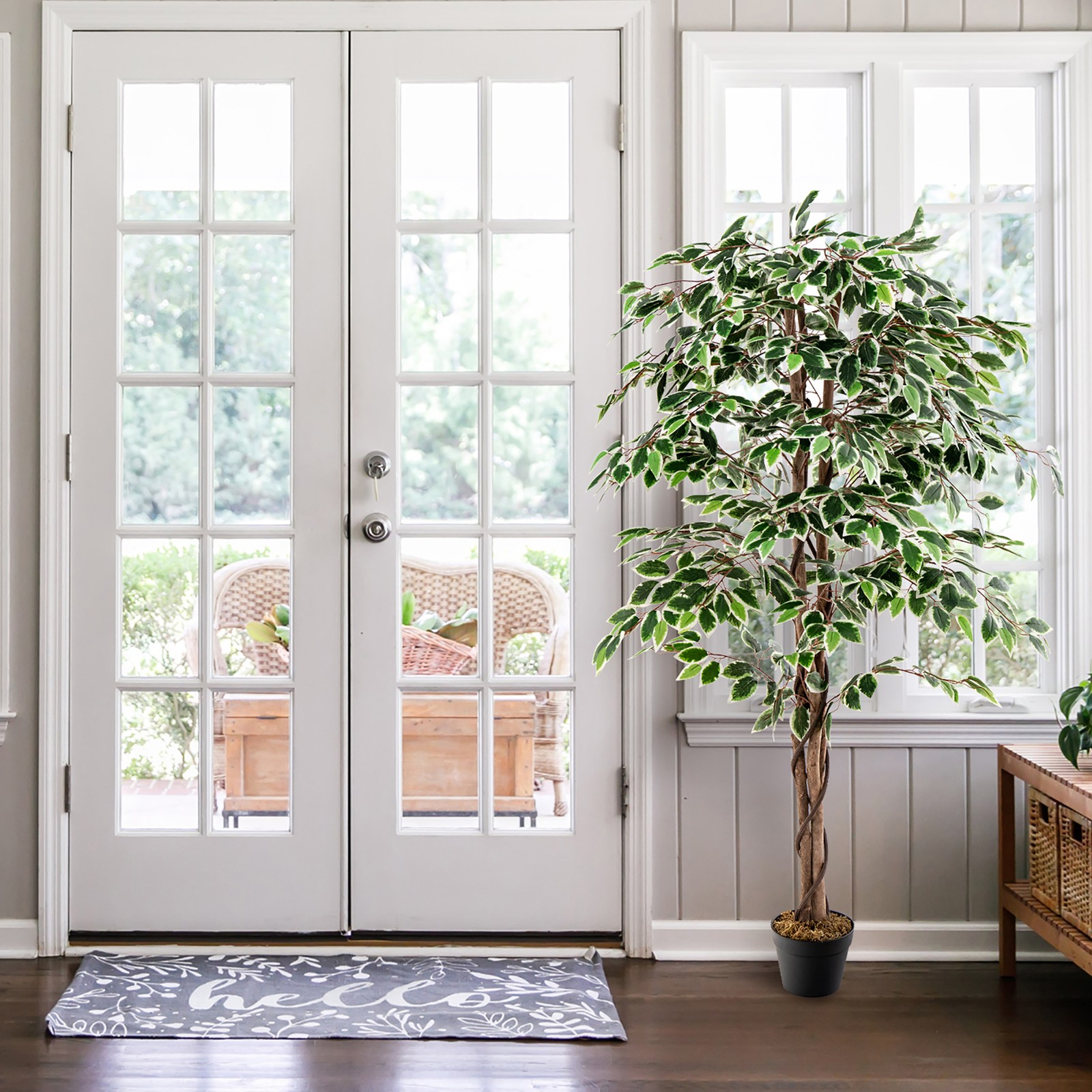 Artificial Ficus Tree Tall Faux Indoor Plant w/ 1008 Leaves Natural Wood Trunk