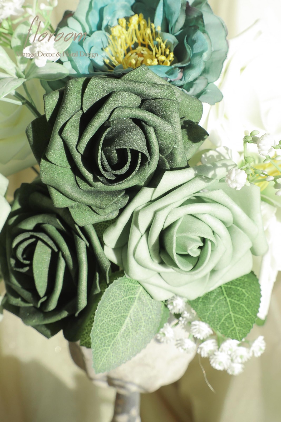 Artificial Flowers 25pcs Real Looking Sage Green & Emerald Green Foam Fake Ro…