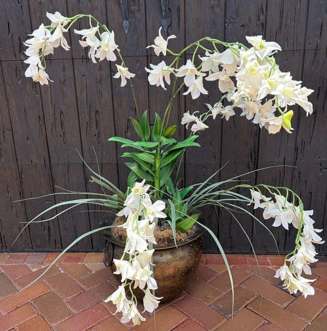 Montaage 1996 Decorative Brass Studded Pot w/ Artificial White Dendrobium Orchid