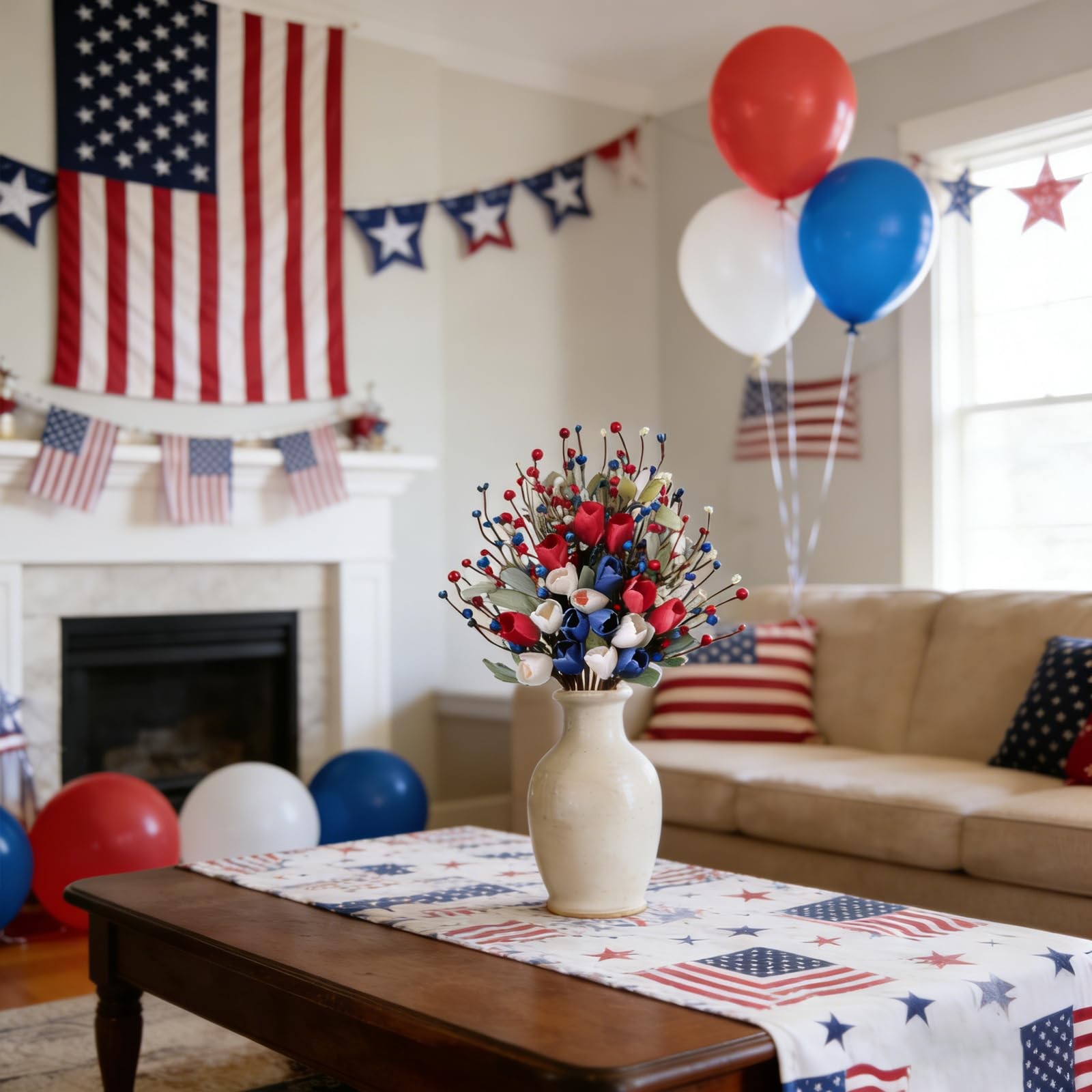 6 Pcs Patriotic Floral Stems with Sage Lamb’s Ear, Red White Blue Berries & T…