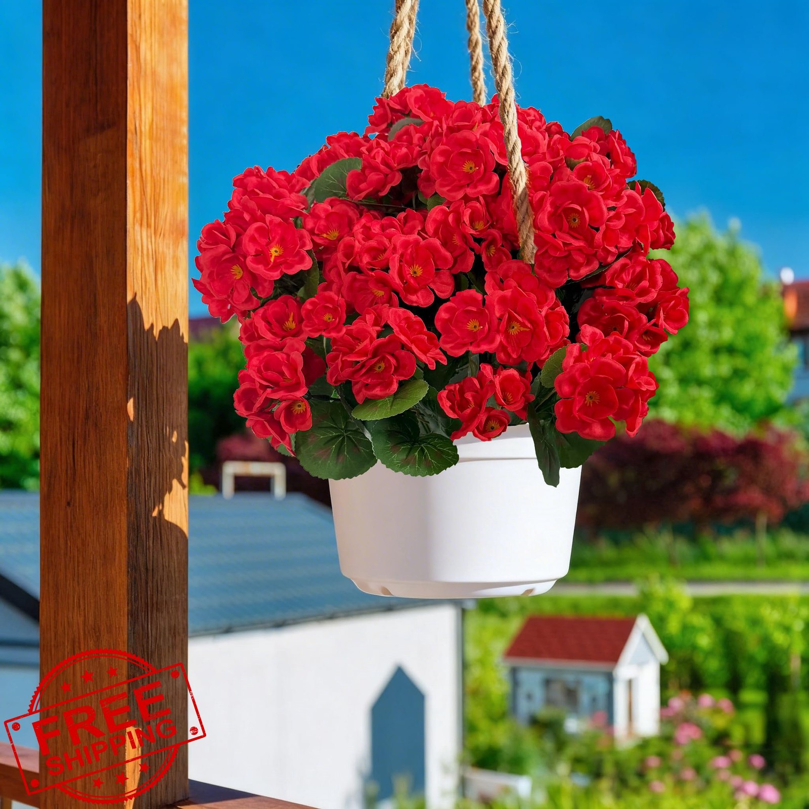 Red Silk Geraniums 4 Pcs UV Fake Flowers Outdoor Garden Planter Decor
