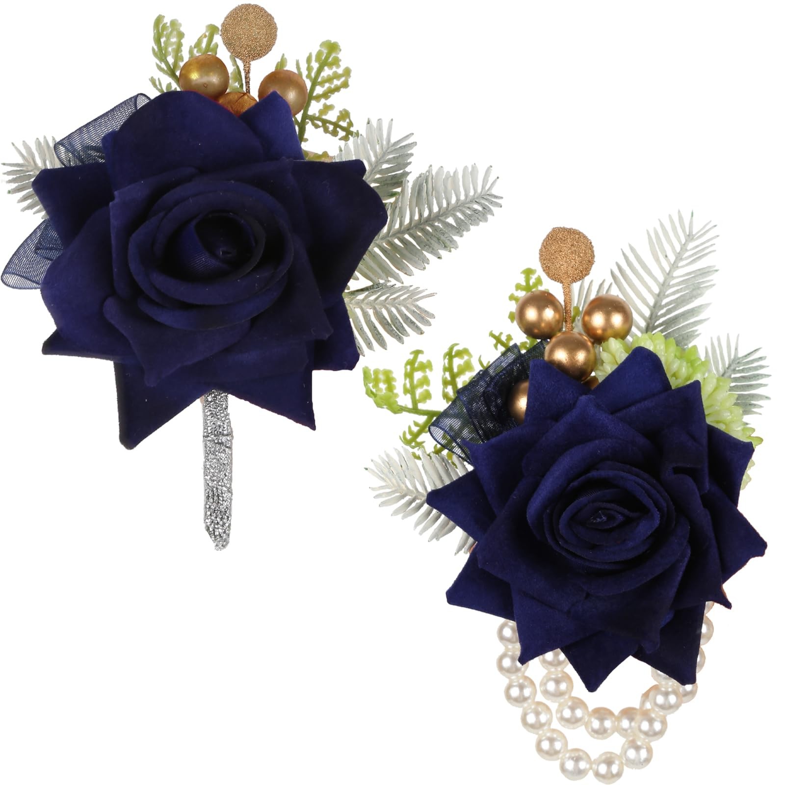 2 PCS Navy Blue Corsage And Boutonniere Set Artificial Rose Prom Wedding