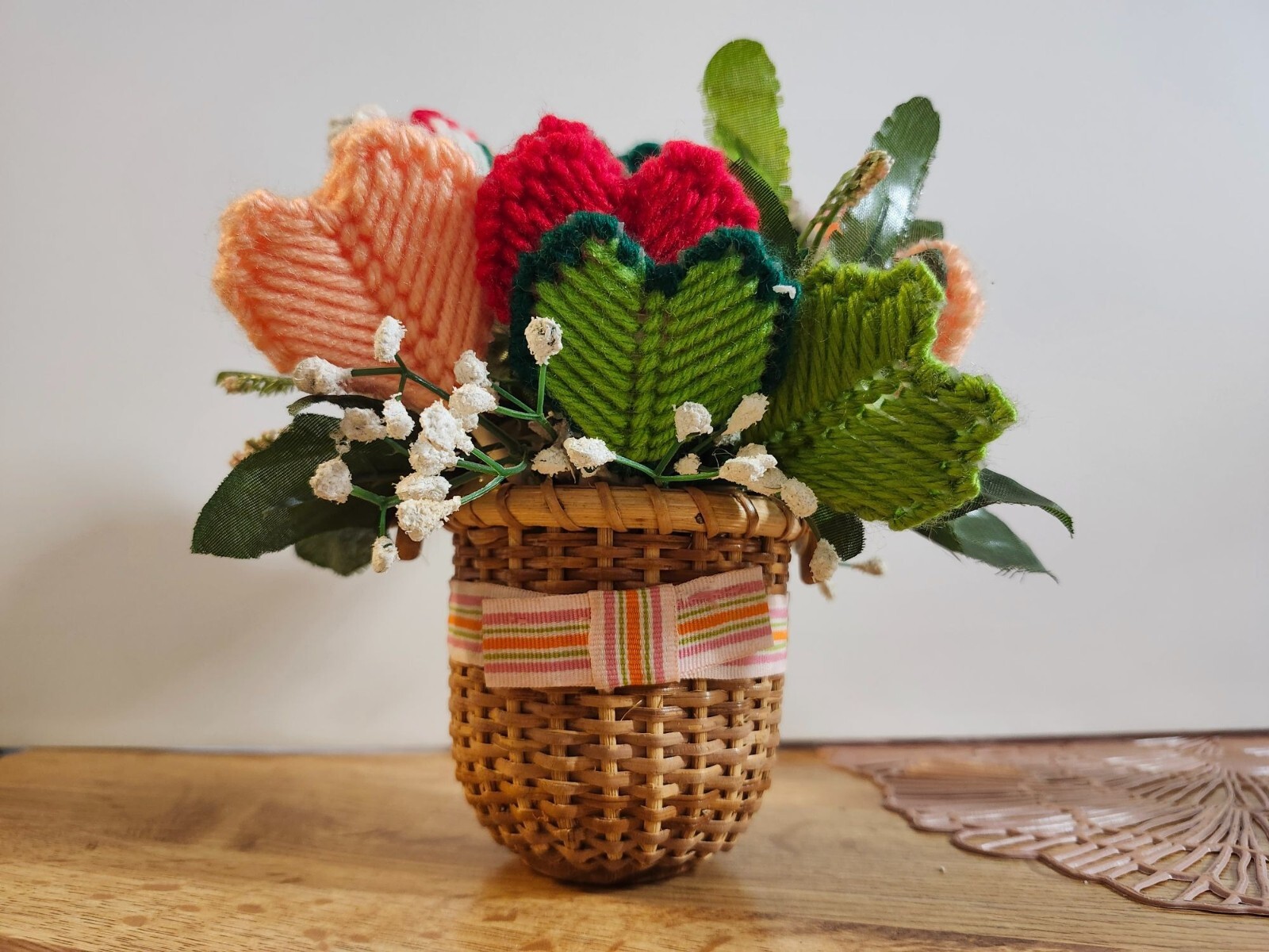 Basket of Heart Flowers Crochet Vintage Handmade