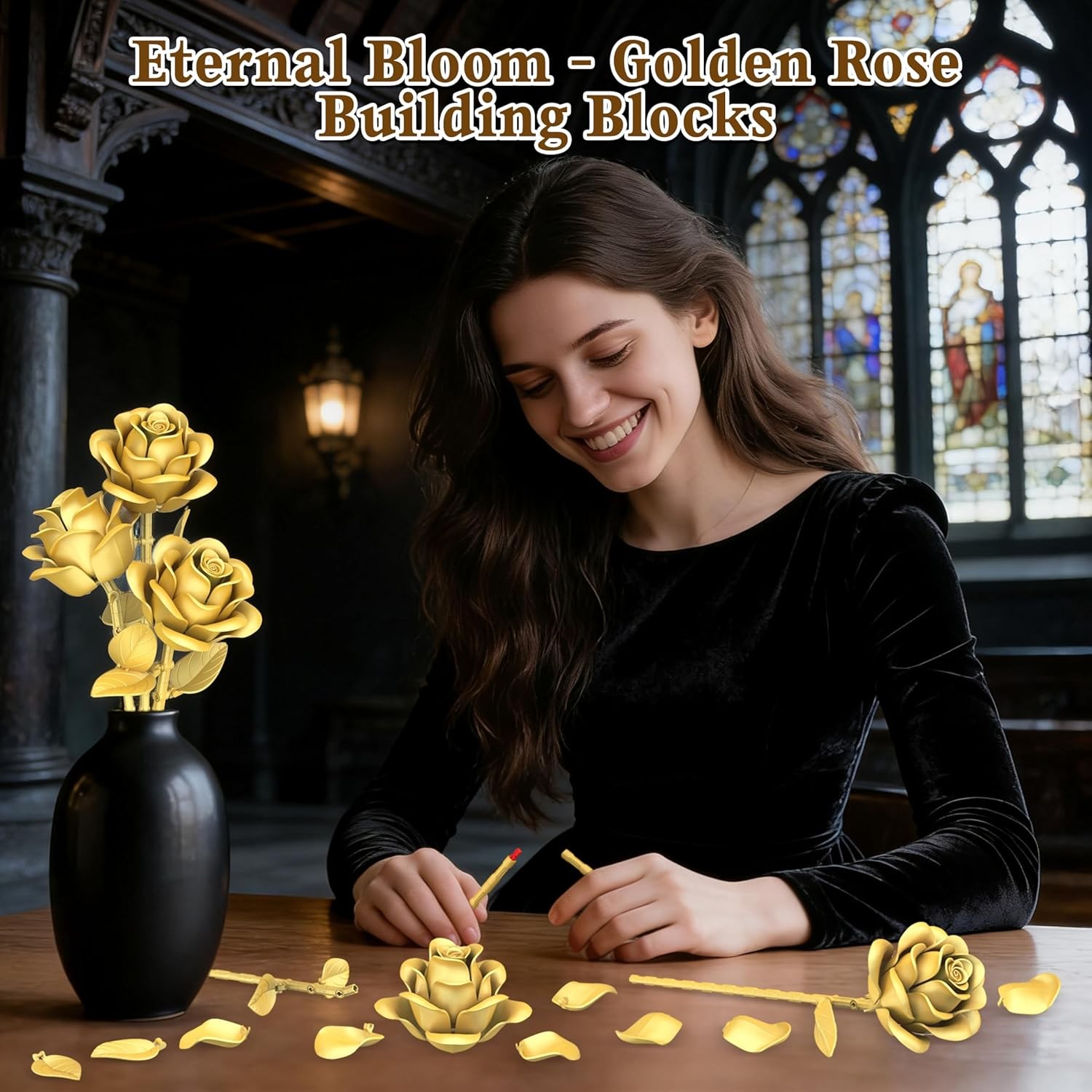 Gold Roses Flower Building Set – 3 Roses Bouquet Botanical Building Blocks for A