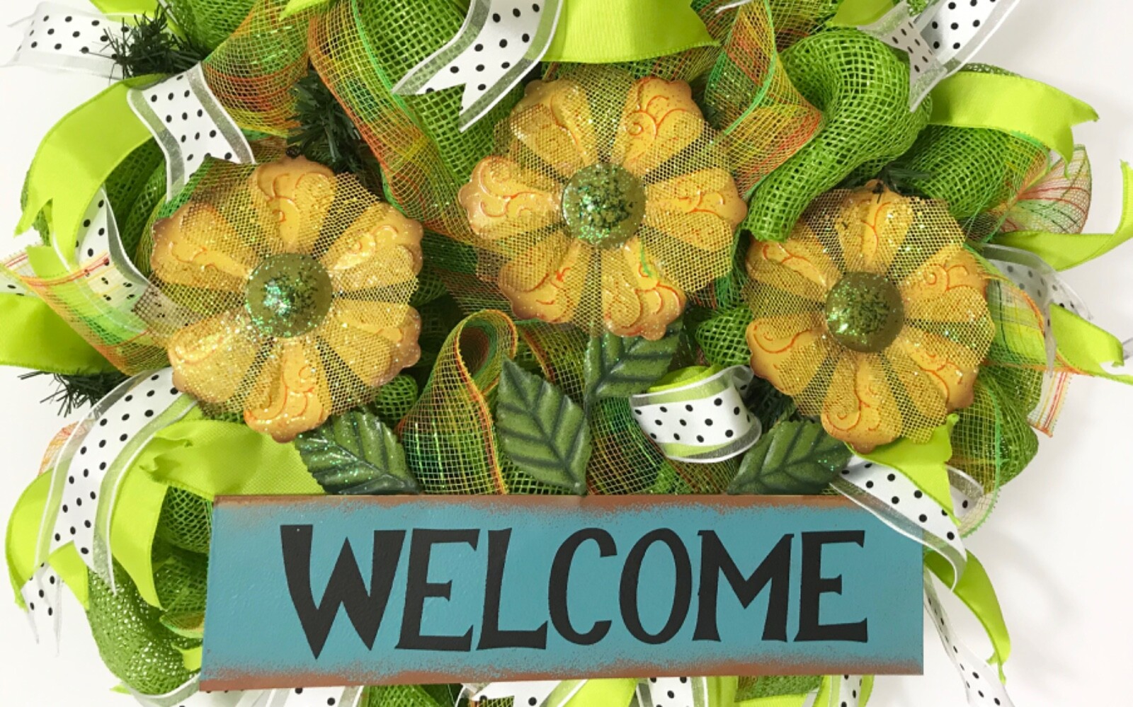 SUMMER WREATH GREEN DECO MESH YELLOW DAISY FLOWERS METAL WELCOME SIGN RIBBONS