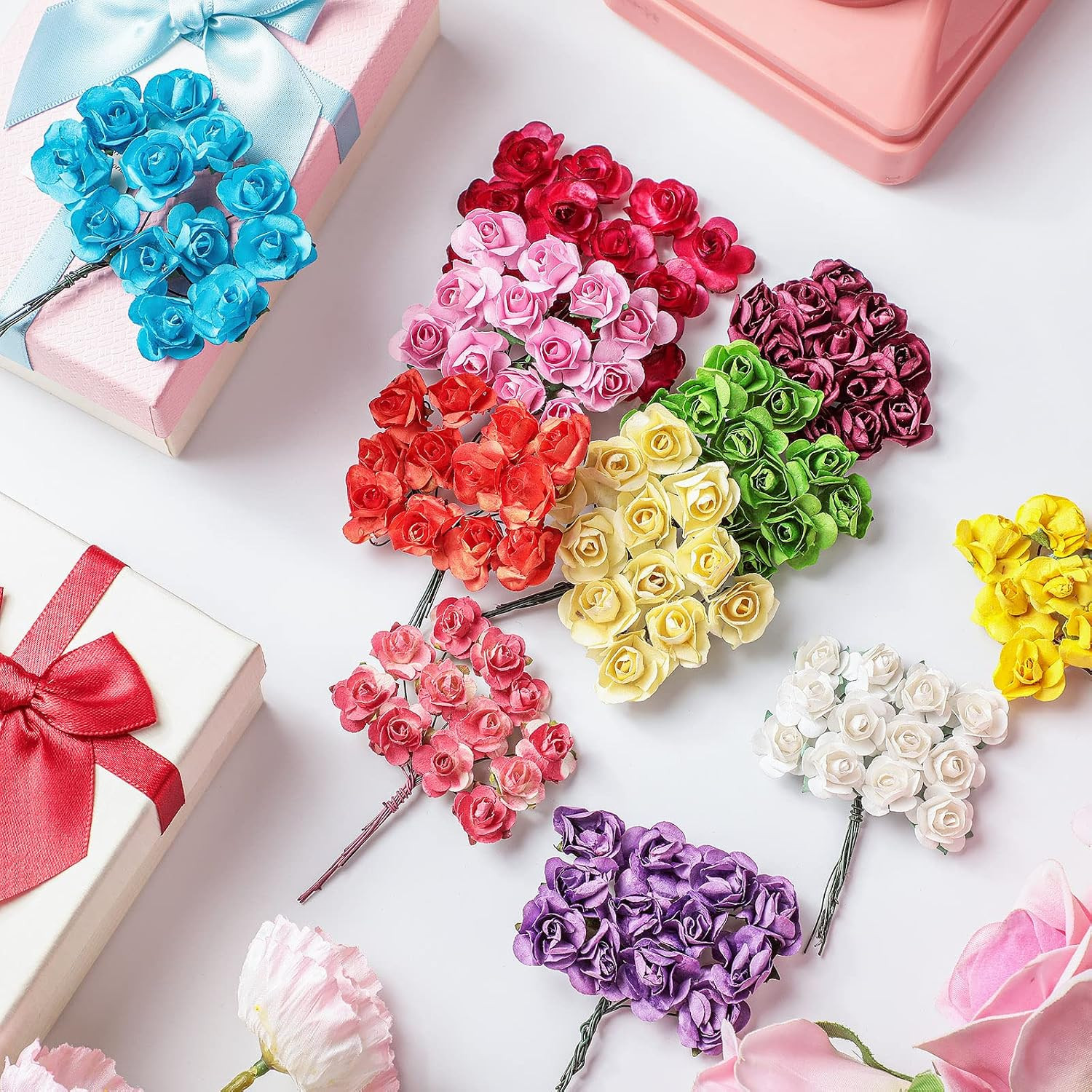132 Pcs Artificial Mini Rose Fake Mixed Color Paper Flower Handmade Small Flower