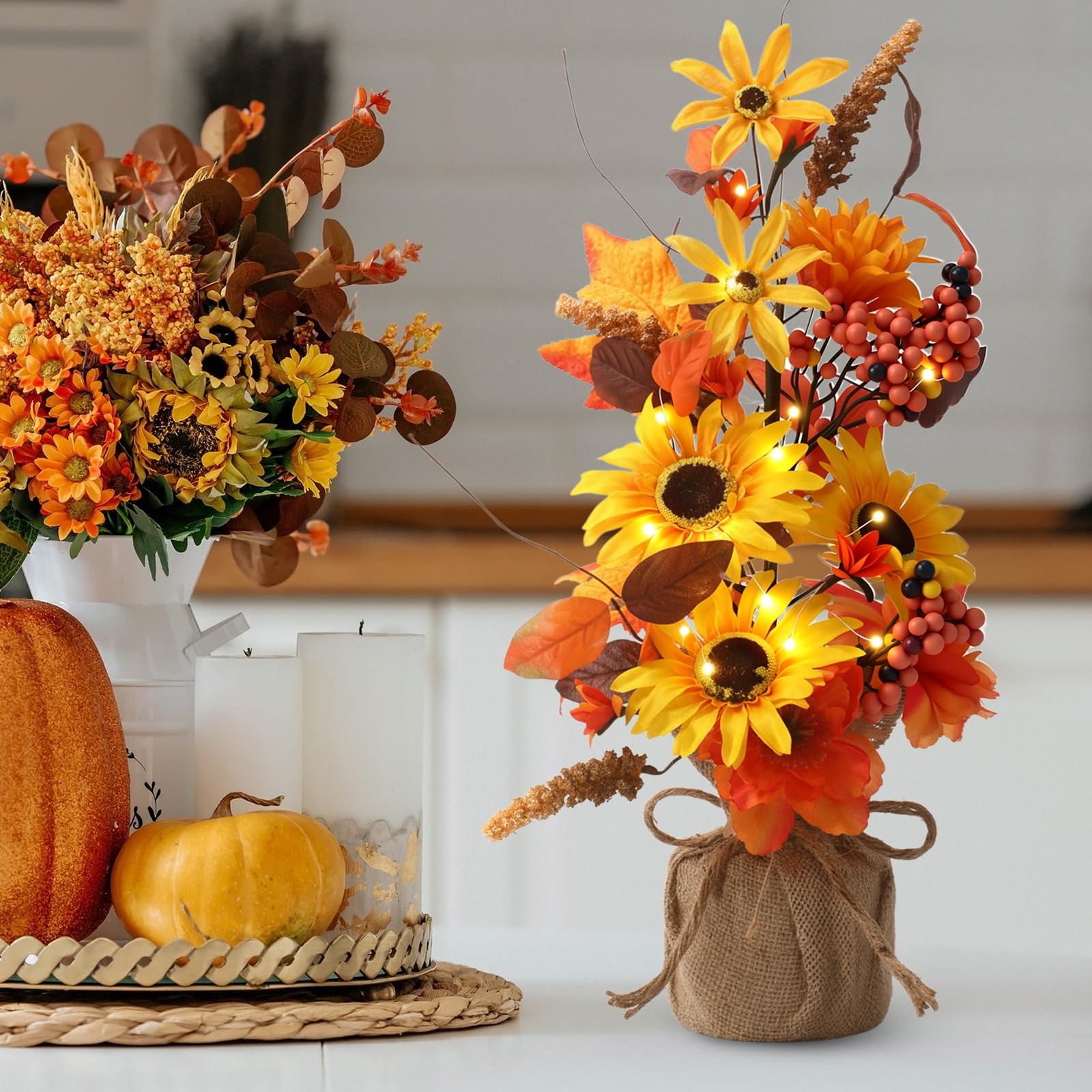 Fall Thanksgiving Centerpieces 16 Inch Lighted Tree Sunflowers Maple Leaves