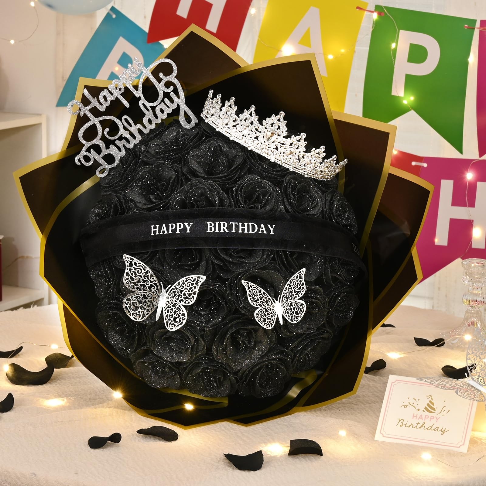 Glitter Roses Bouquet 36 PCS Black Artificial Flowers Birthday Gifts Women Mom