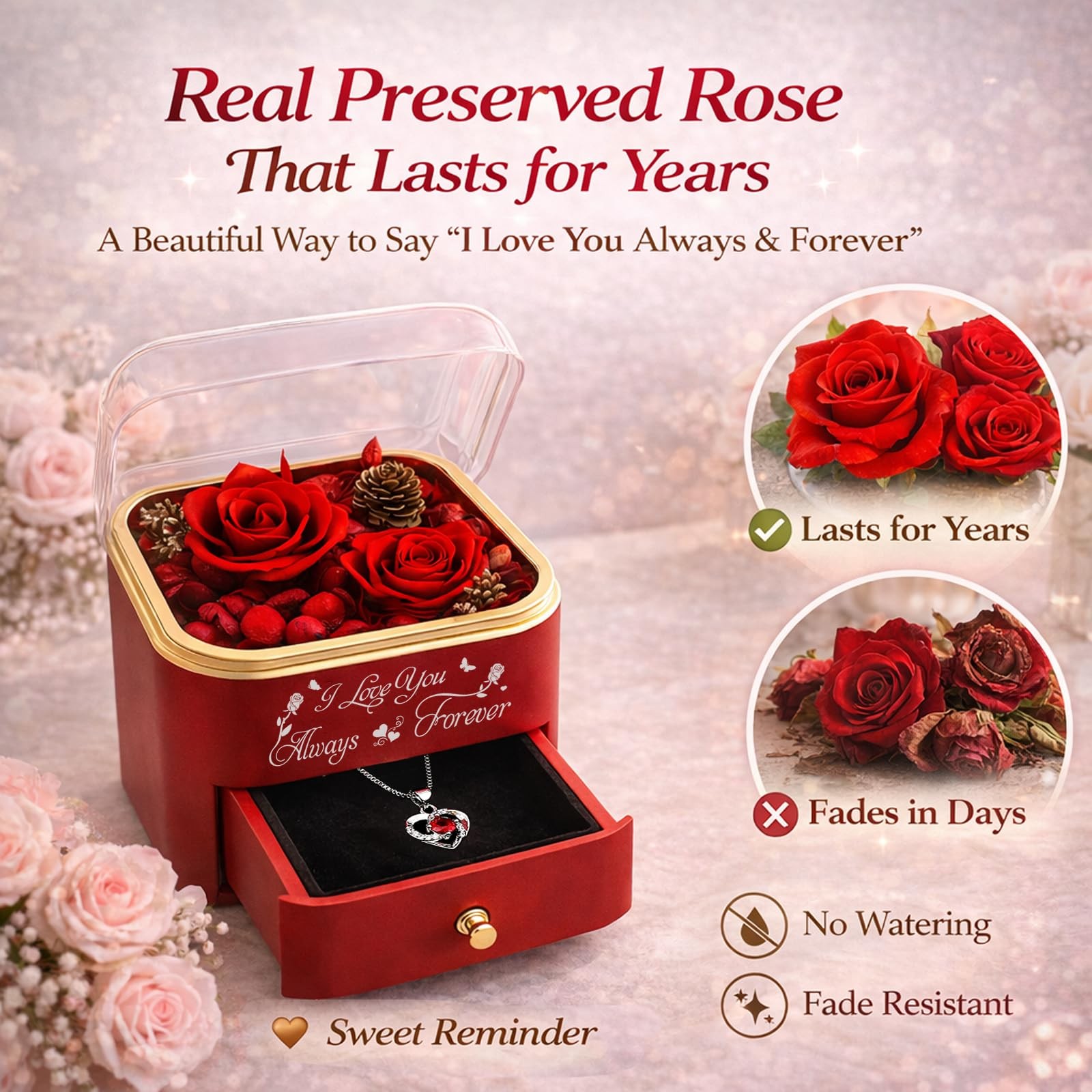 minstely Forever Preserved Rose Gift Box with Hidden Necklace, Romantic Flowe…