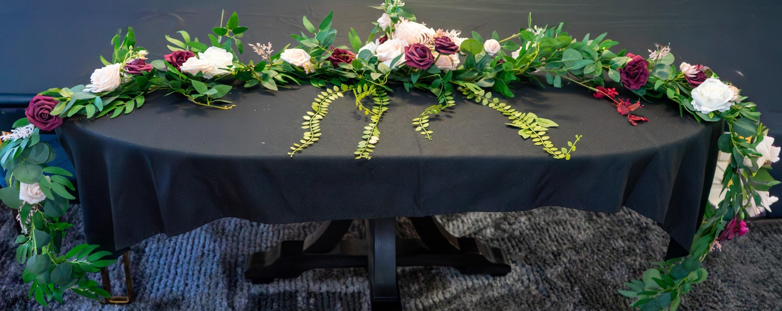 Fall flower garland with optional burgundy velour table runner