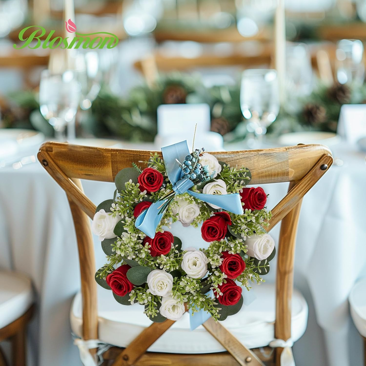 Crimson & White Artificial Rose Centerpiece – 10 Pcs Candle Ring Wreaths