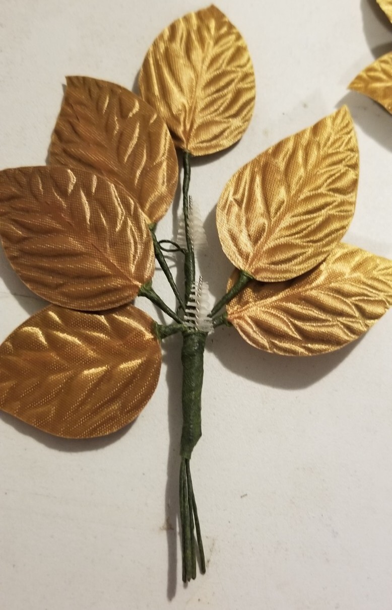 TWO Gold Fabric Rose 2″ Leaf Stems 6 leaf cluster. MY12