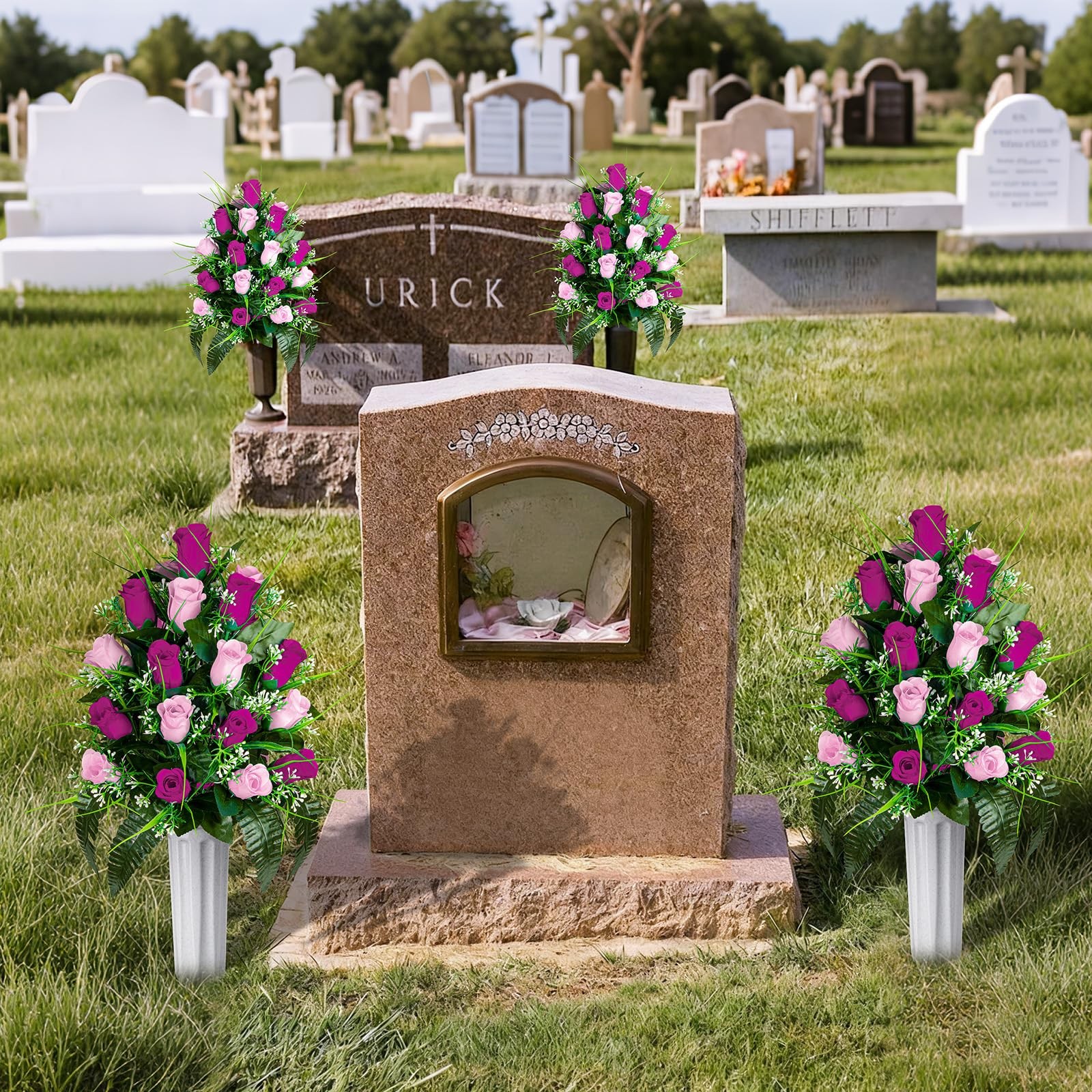 Artificial Cemetery Flowers – Set of 2 Grave Memorial Rose Flowers with Vase