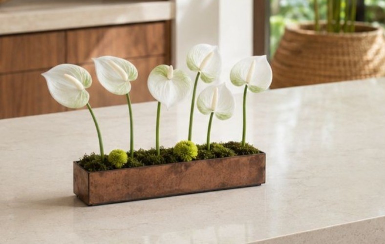 White Green Real-Touch Artificial Anthurium Stems, Set of 6, 11 Inch Faux Tropic