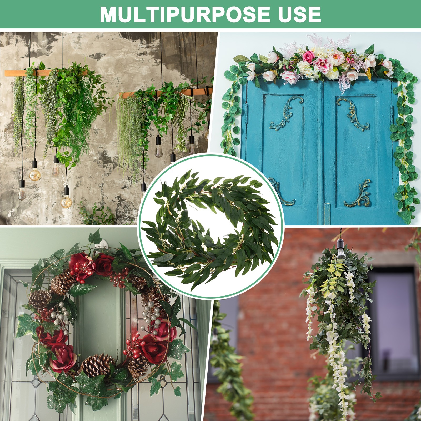 2-Pack Artificial Willow Vine Twigs with 54 Leaves 5.7Feet [Dark Green}