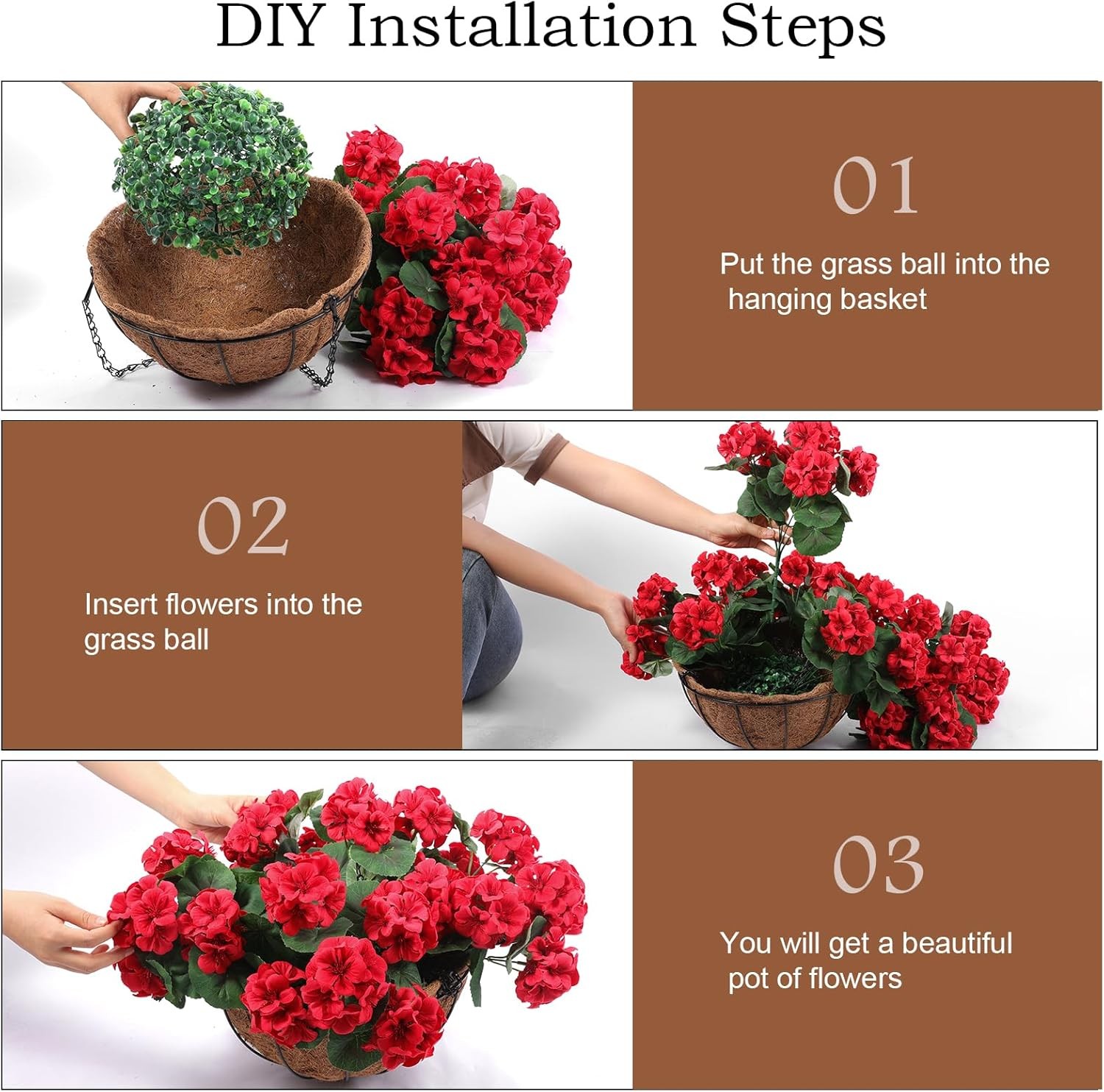 2 Set Artificial Red Geraniums Flowers for Outdoors with Hanging Baskets, 2 Hang