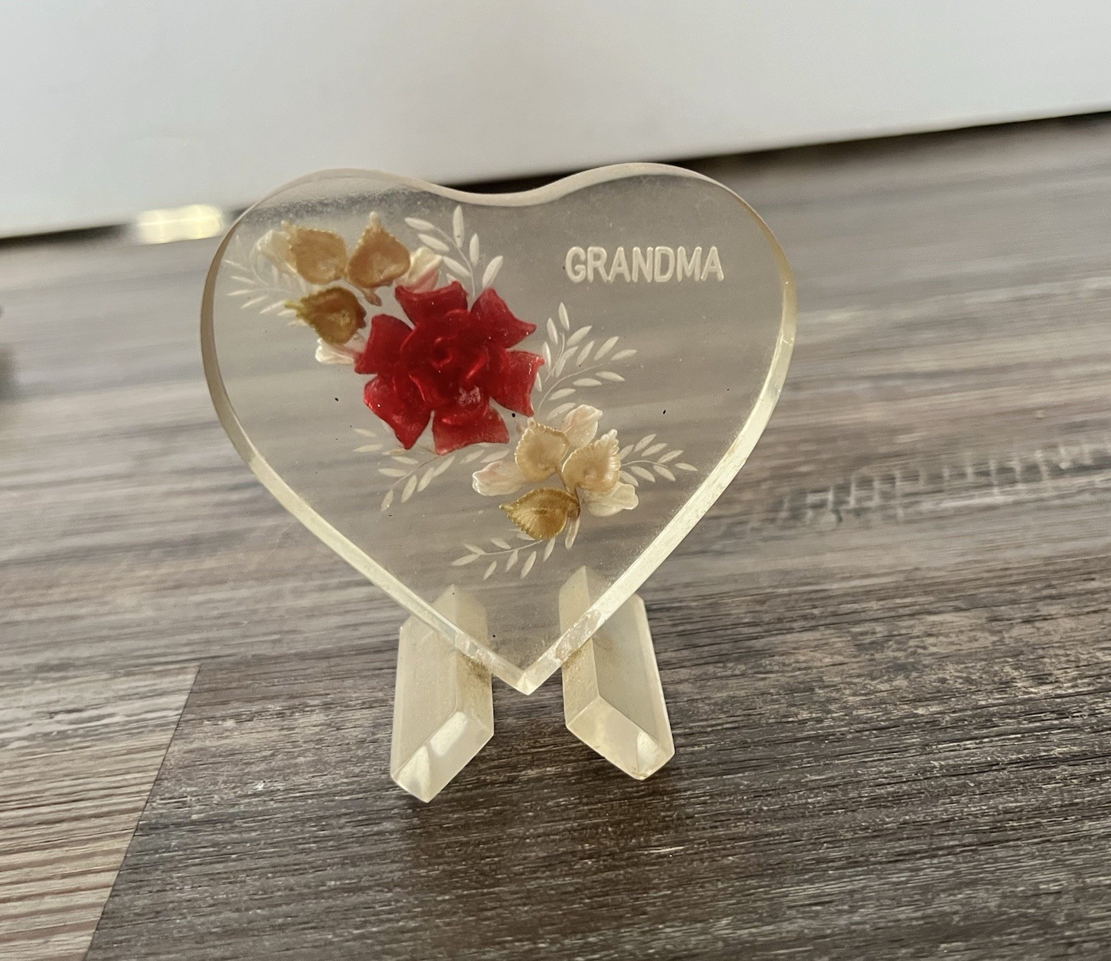 Vntg Grandma Rose Flower Floral Acrylic Heart Decor Trinket Mothers Day Birthday