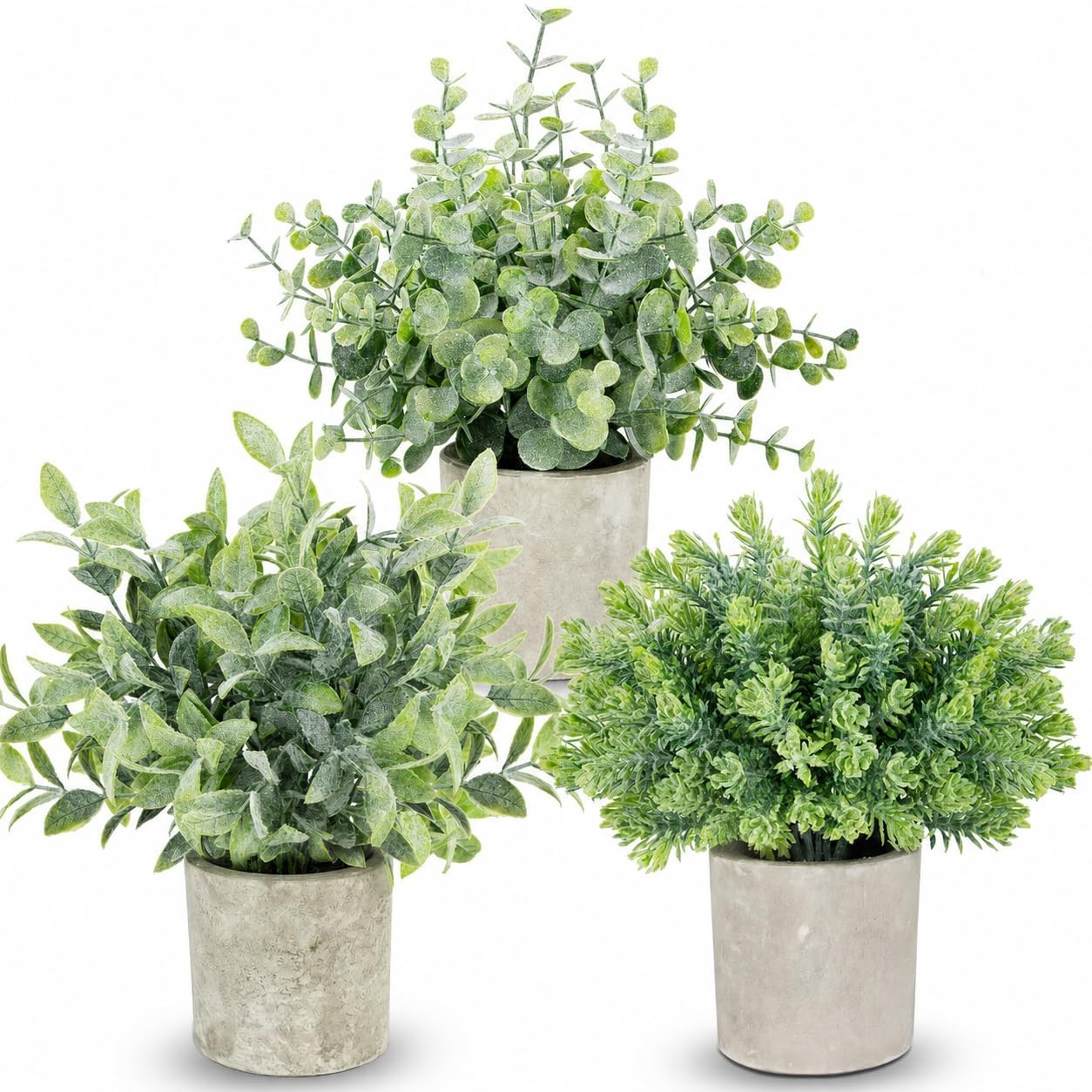 3 Pack Mini Potted Fake Plants – Artificial Eucalyptus & Rosemary Greenery for H