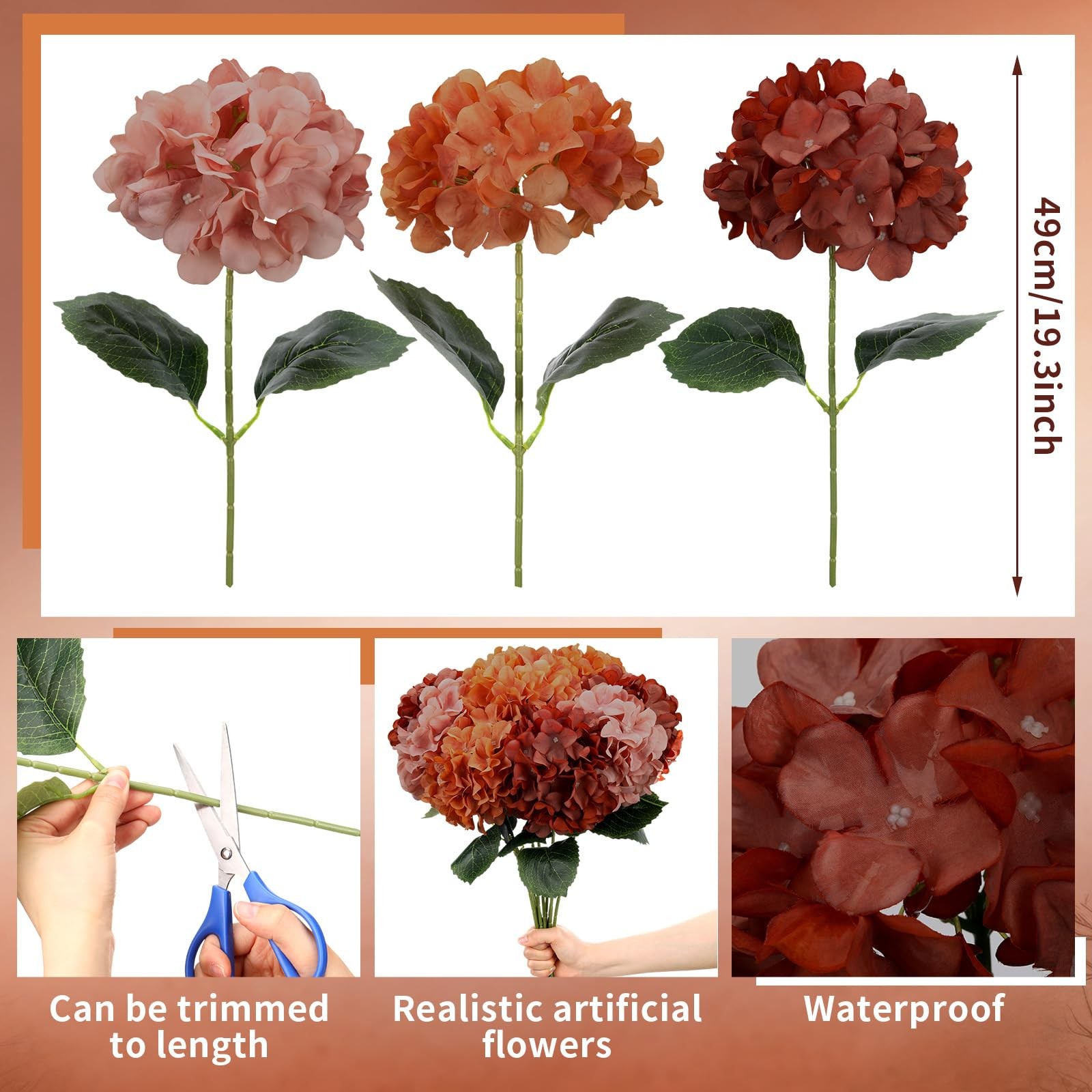 9 Pcs Burnt Orange Fall Hydrangea Artificial Flowers 23.6″ Vintage Faux Silk …