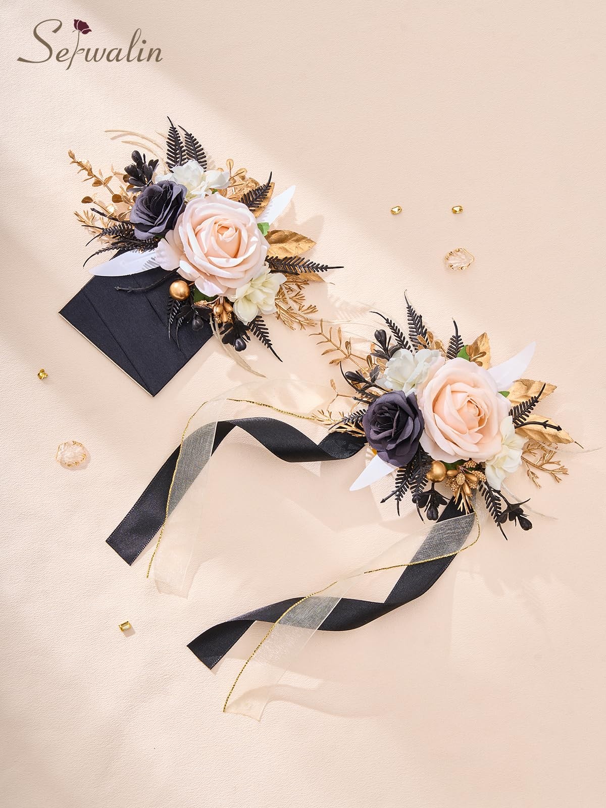 2Pcs Corsage and Boutonniere Set,Black Gold and Champagne Rose Corsage Wristl…